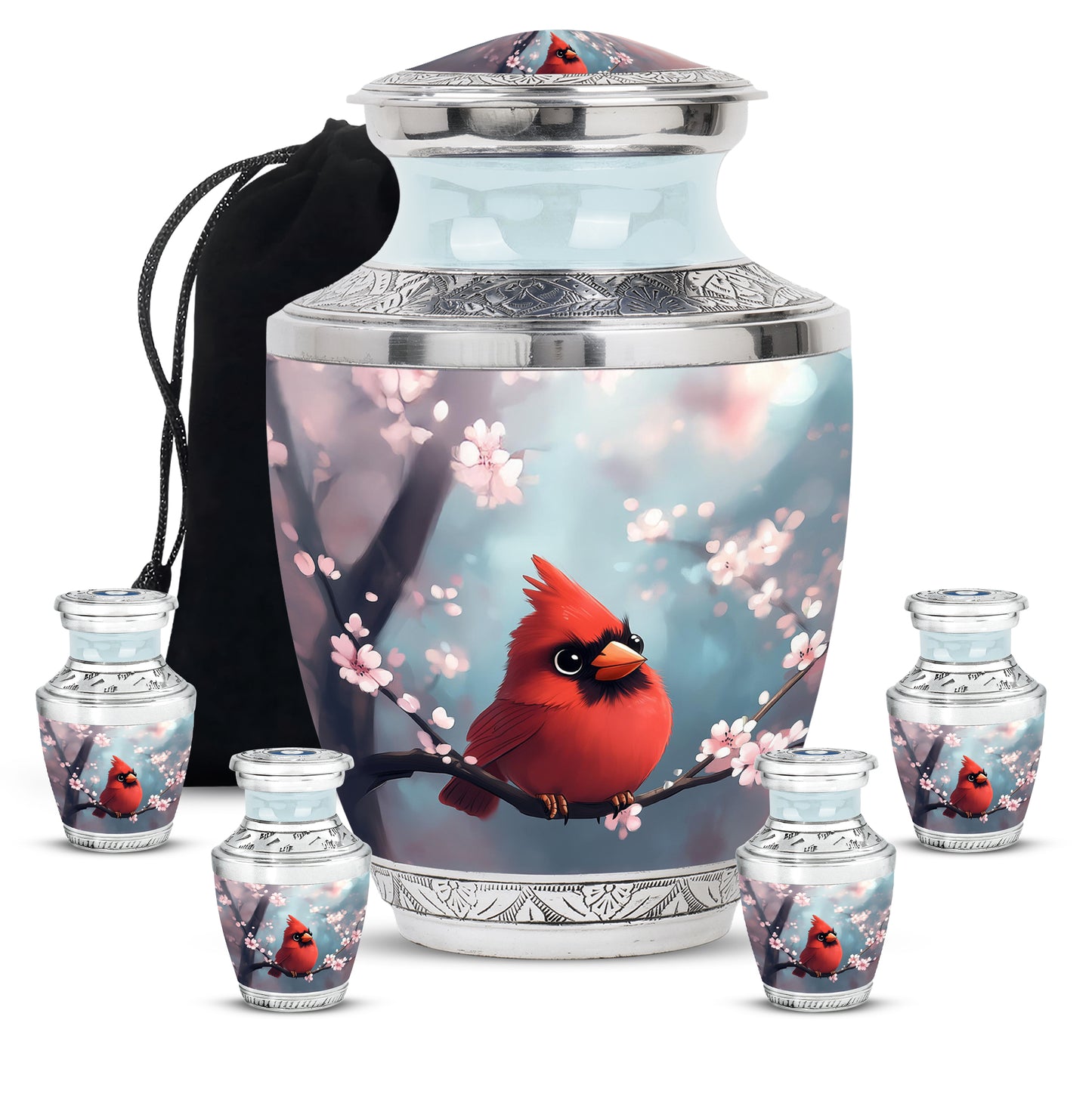Sea Green Teal Cardinal Cremation Urn lifestyle display on memorial shelf - contemporary cardinal design with modern artistic flair - memorial set with one large and four small urns