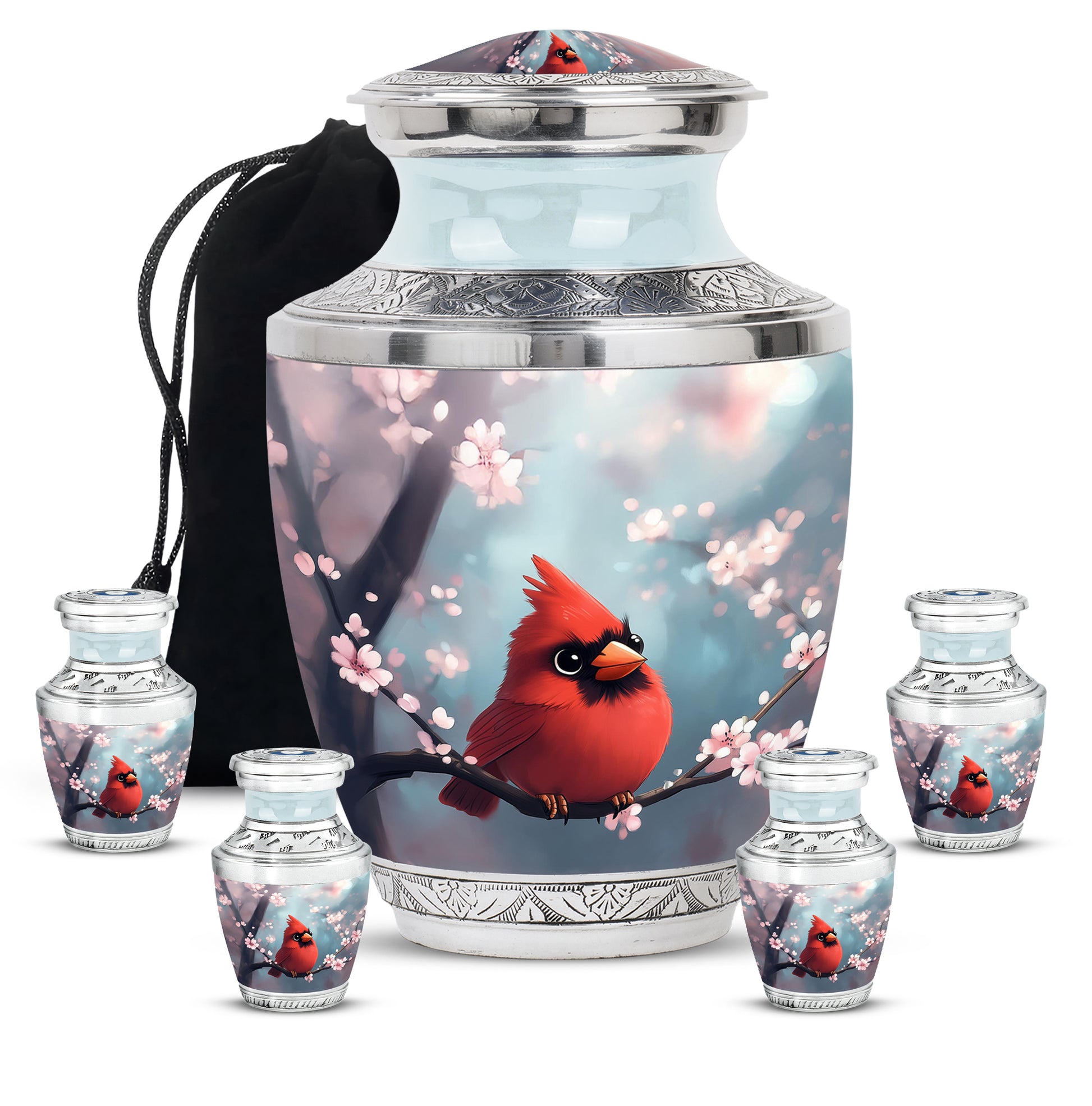 Sea Green Teal Cardinal Cremation Urn lifestyle display on memorial shelf - contemporary cardinal design with modern artistic flair - memorial set with one large and four small urns