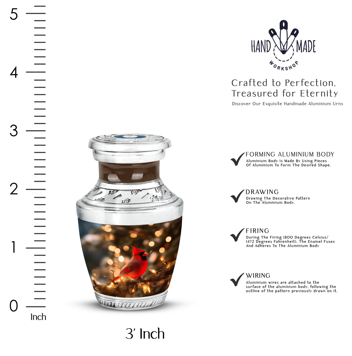 Royal Gold Cardinal Cremation Urn top-down view of secure threaded lid - artistic cardinal interpretation with creative detail - mini keepsake memorial for portion of cremation ashes