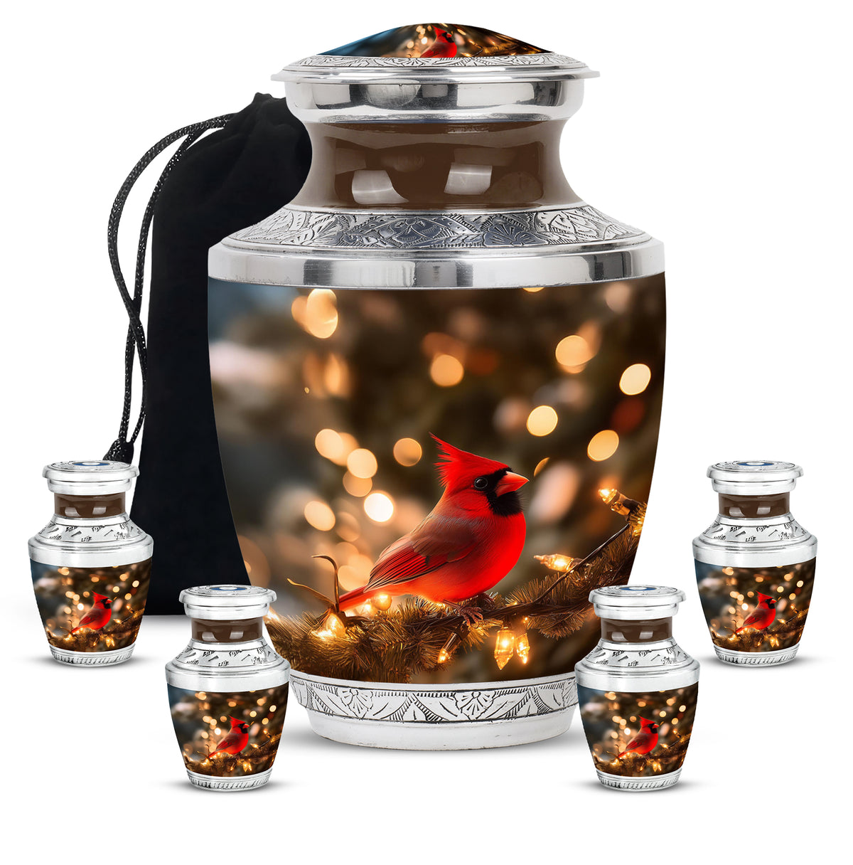Sunrise Gold Cardinal Cremation Urn lifestyle display on memorial shelf - modern art-inspired cardinal motif on sleek aluminum - memorial set with one large and four small urns