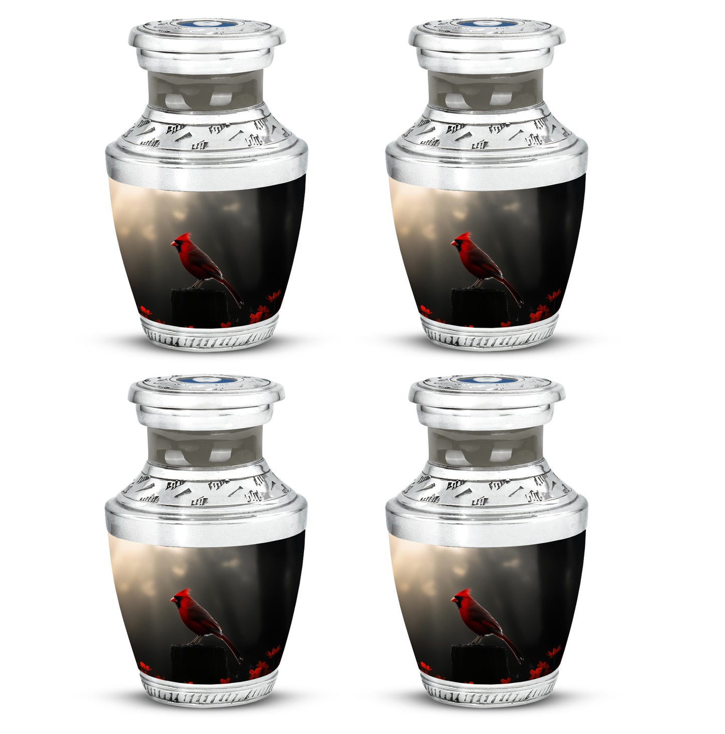 Rich Black Cardinal Cremation Urn back view with polished surface - modern art-inspired cardinal motif on sleek aluminum - 10 inch aluminum urn for cremated remains
