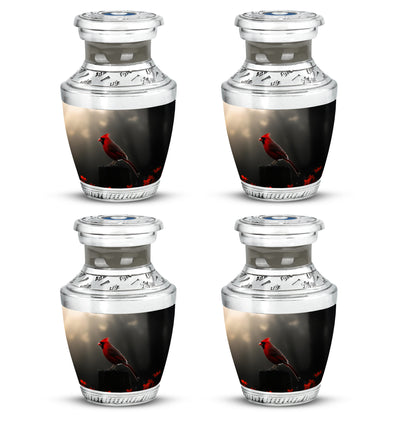 Rich Black Cardinal Cremation Urn back view with polished surface - modern art-inspired cardinal motif on sleek aluminum - 10 inch aluminum urn for cremated remains