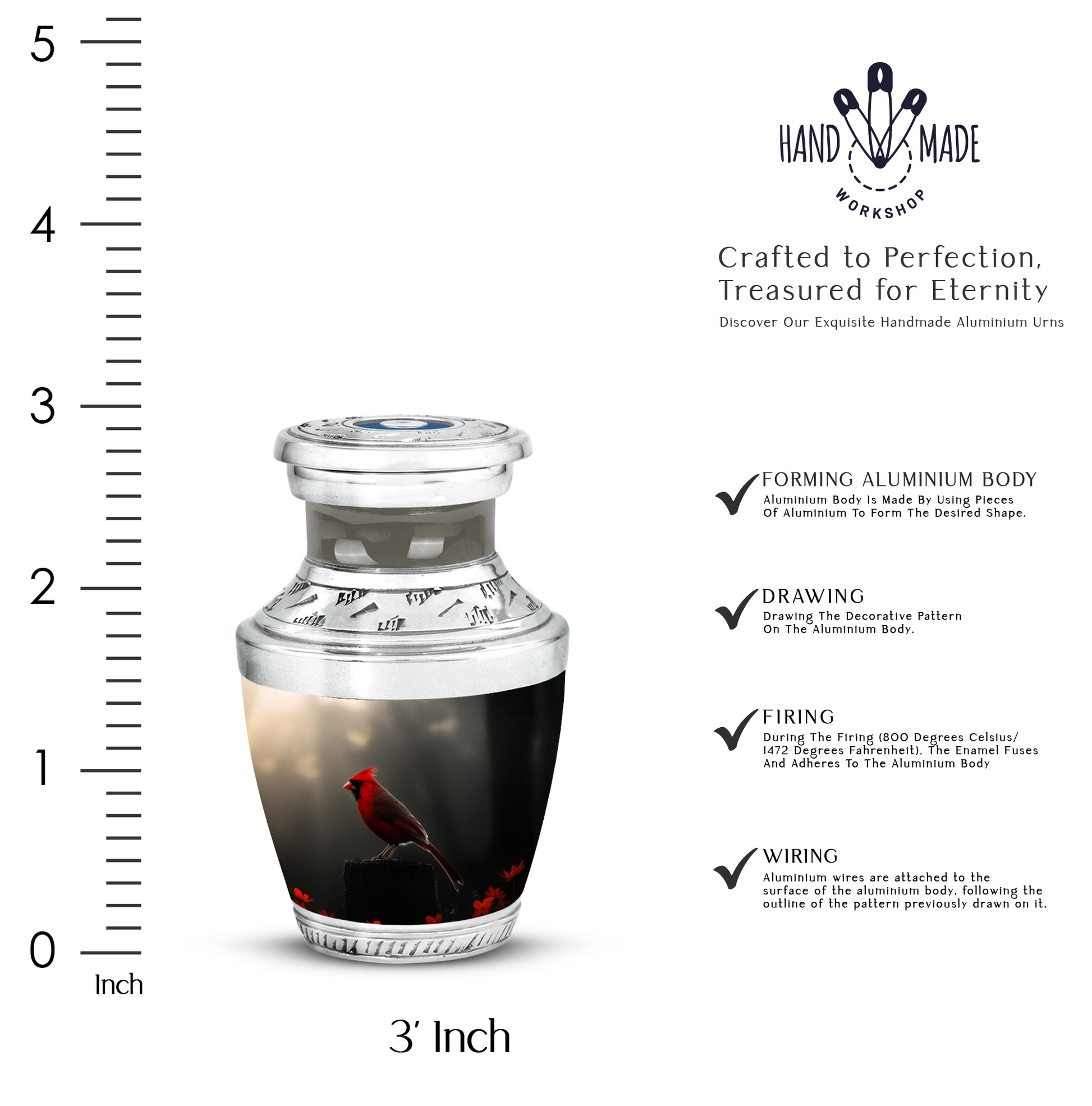 Deep Black Cardinal Cremation Urn top-down view of secure threaded lid - modern art-inspired cardinal motif on sleek aluminum - mini keepsake memorial for portion of cremation ashes
