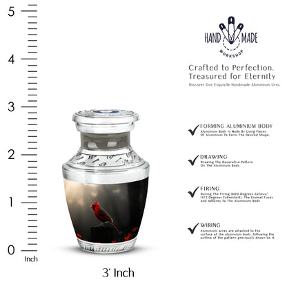 Deep Black Cardinal Cremation Urn top-down view of secure threaded lid - modern art-inspired cardinal motif on sleek aluminum - mini keepsake memorial for portion of cremation ashes