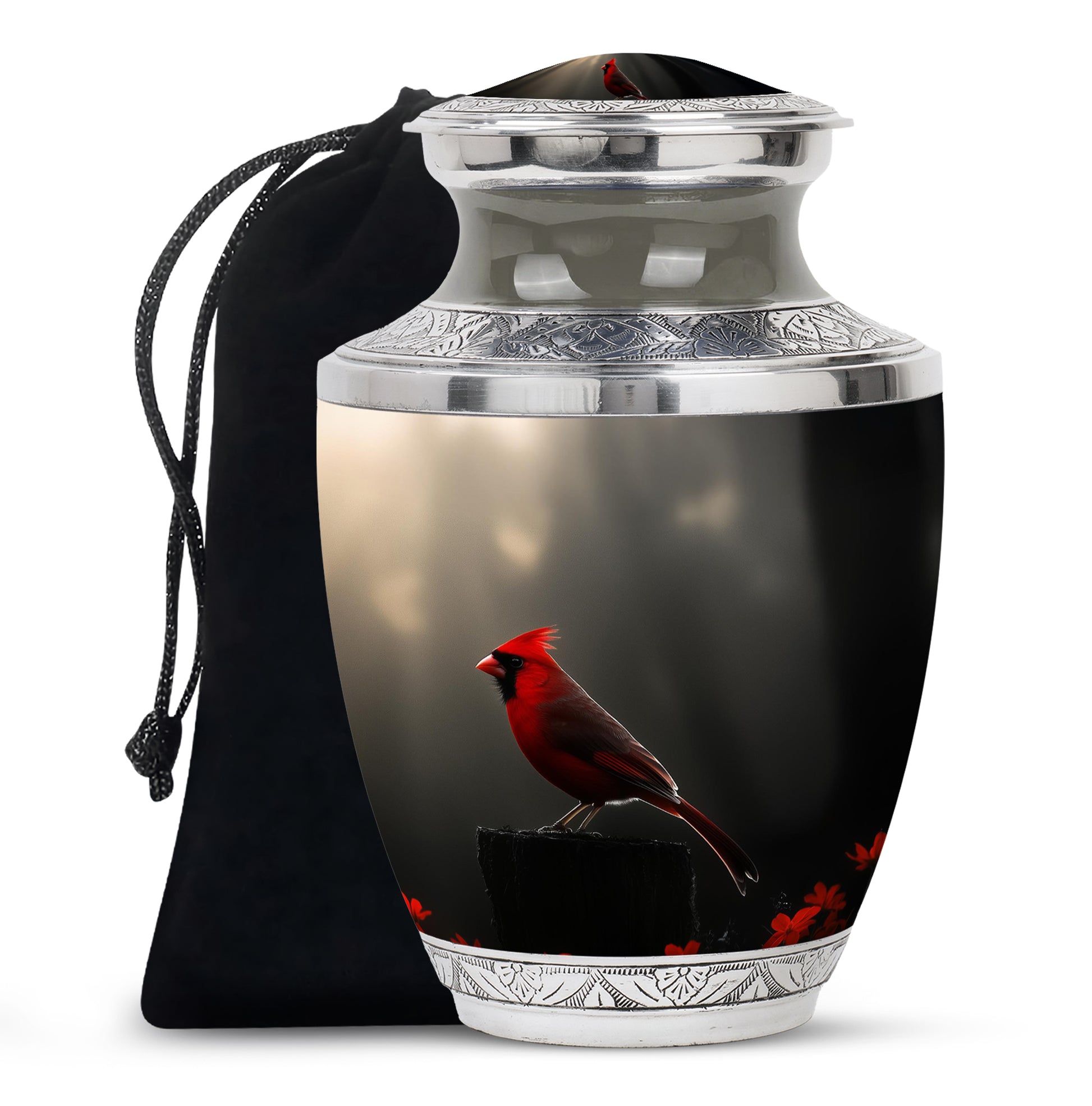 Obsidian Black Cardinal Cremation Urn side profile showing urn shape - artistic cardinal interpretation with creative detail - full-size 10 inch 200 cubic inch adult cremation urn