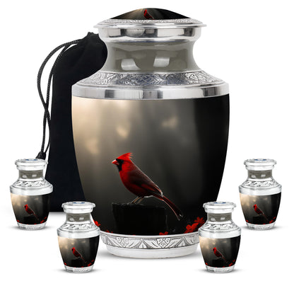Glossy Black Cardinal Cremation Urn lifestyle display on memorial shelf - contemporary cardinal design with modern artistic flair - memorial set with one large and four small urns