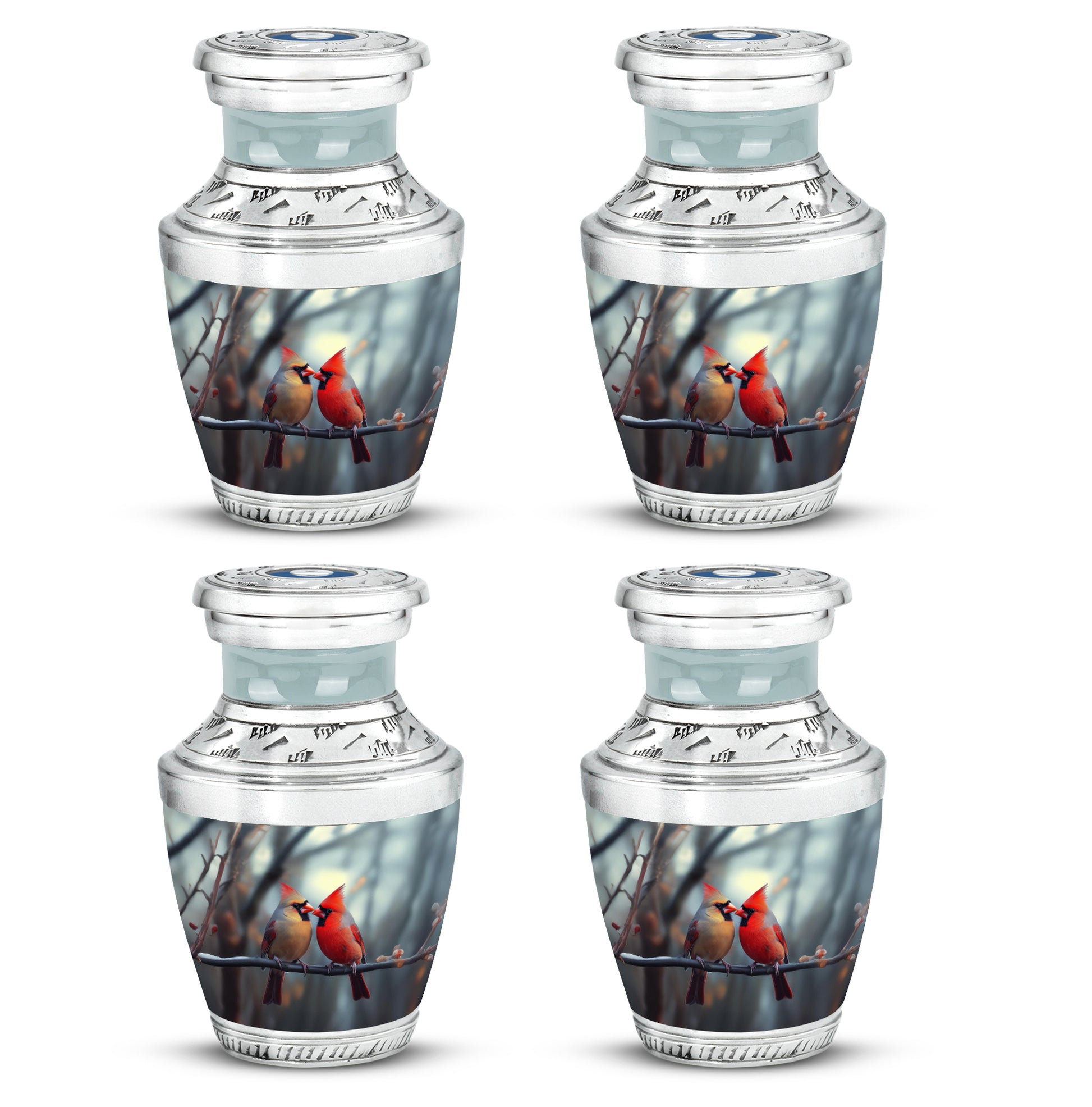 Storm Gray Cardinal Cremation Urn back view with polished surface - artistic cardinal interpretation with creative detail - 10 inch aluminum urn for cremated remains