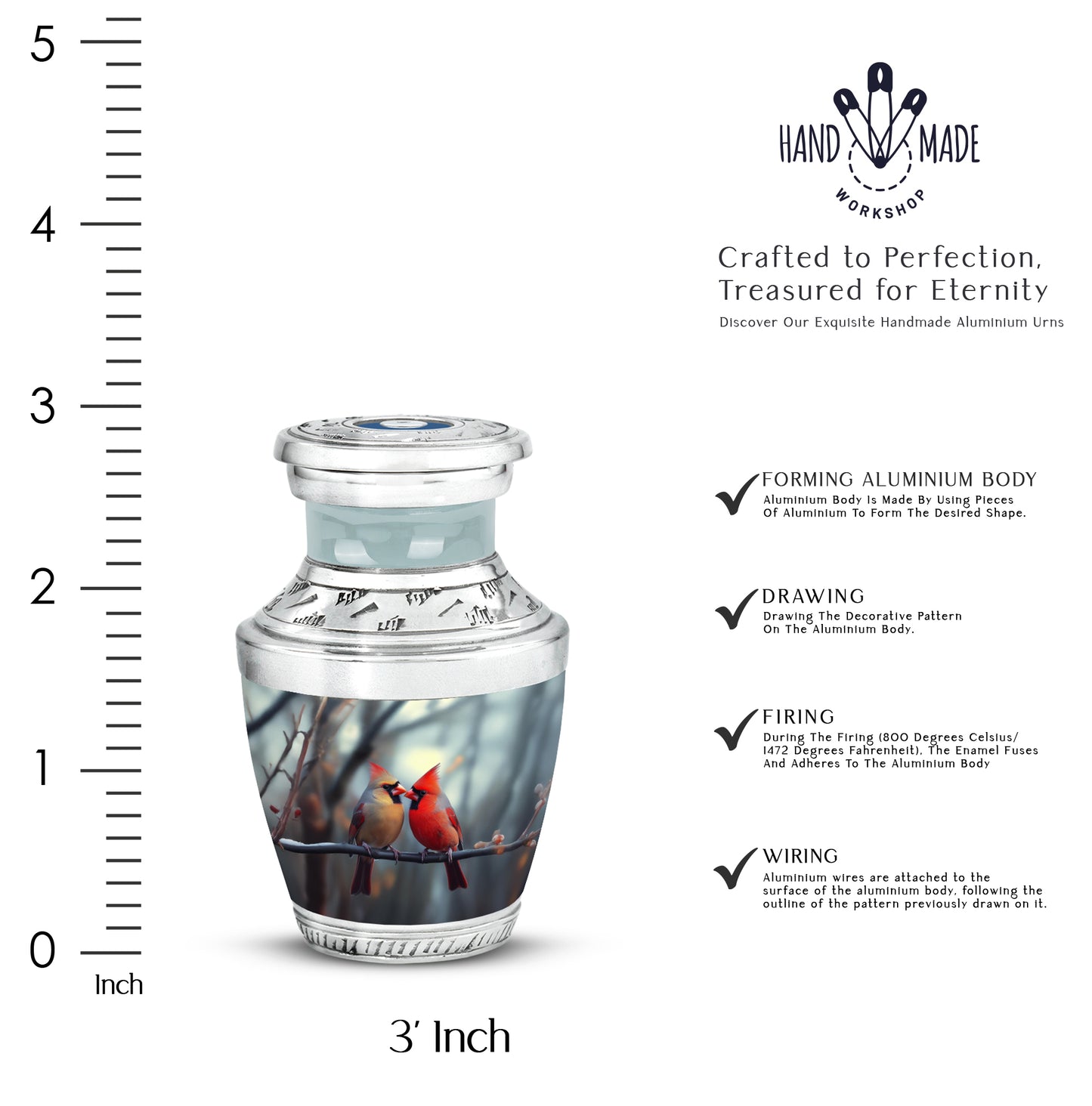 Storm Gray Cardinal Cremation Urn top-down view of secure threaded lid - stylized abstract cardinal pattern with bold lines - mini keepsake memorial for portion of cremation ashes