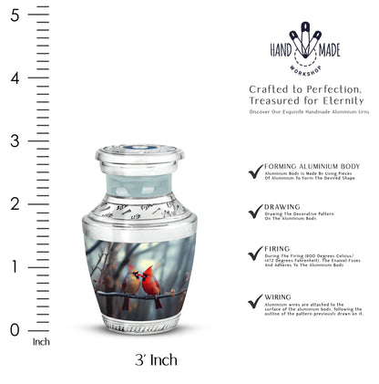 Storm Gray Cardinal Cremation Urn top-down view of secure threaded lid - stylized abstract cardinal pattern with bold lines - mini keepsake memorial for portion of cremation ashes