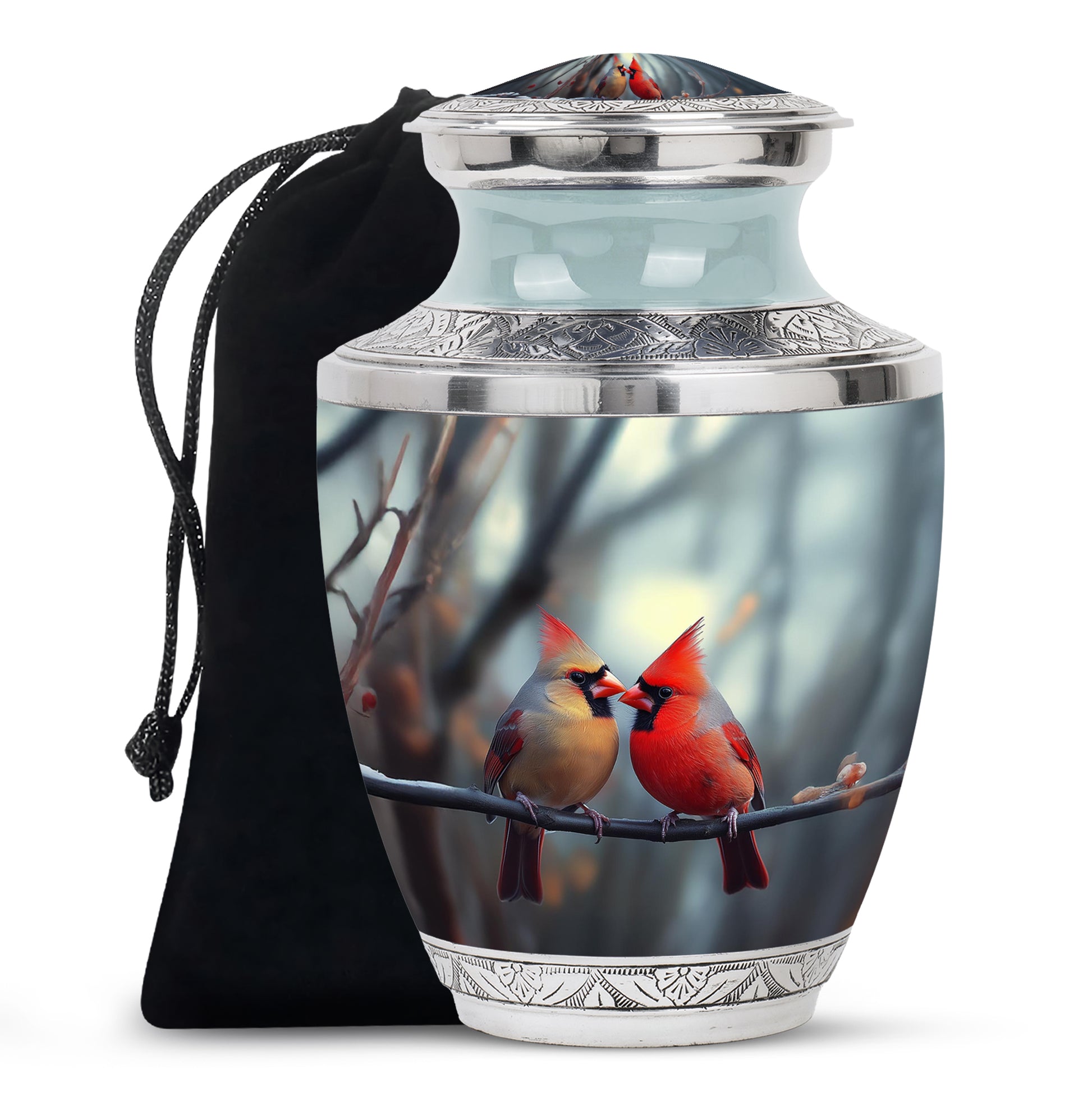 Charcoal Gray Cardinal Cremation Urn side profile showing urn shape - modern art-inspired cardinal motif on sleek aluminum - full-size 10 inch 200 cubic inch adult cremation urn