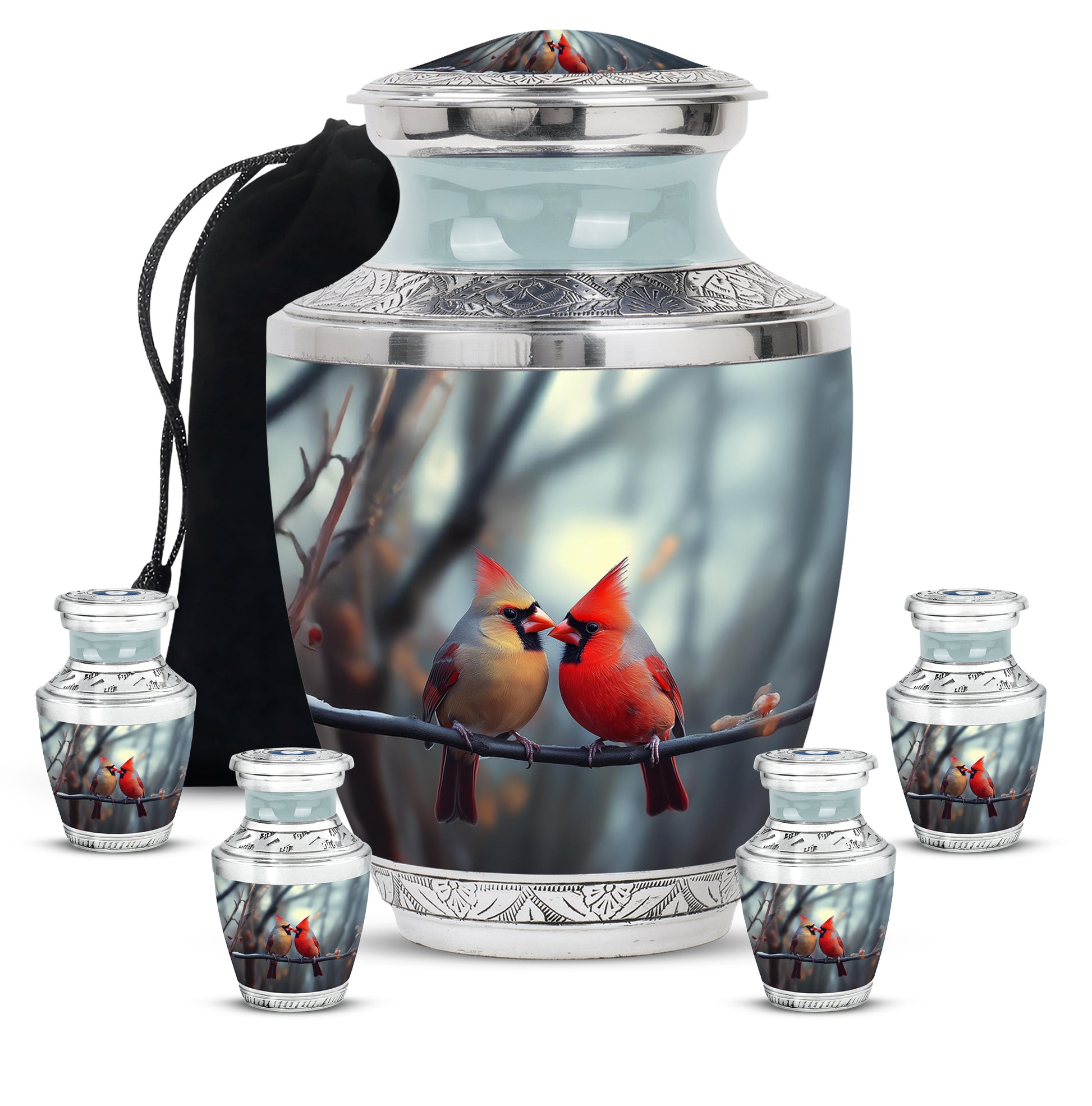 Mist Gray Cardinal Cremation Urn lifestyle display on memorial shelf - modern art-inspired cardinal motif on sleek aluminum - memorial set with one large and four small urns