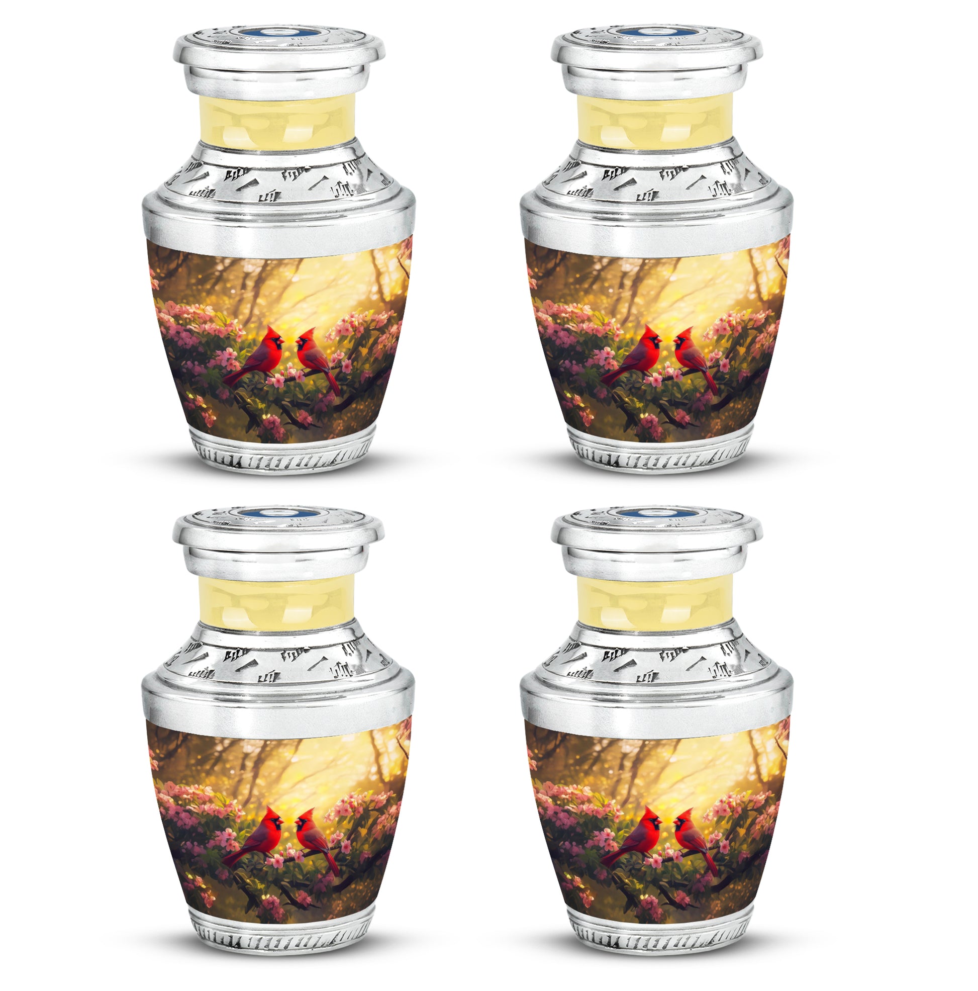 Amber Gold Cardinal Cremation Urn back view with polished surface - contemporary cardinal design with modern artistic flair - 10 inch aluminum urn for cremated remains