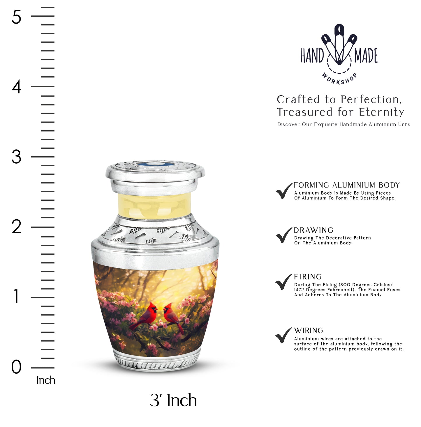Antique Gold Cardinal Cremation Urn top-down view of secure threaded lid - modern art-inspired cardinal motif on sleek aluminum - mini keepsake memorial for portion of cremation ashes