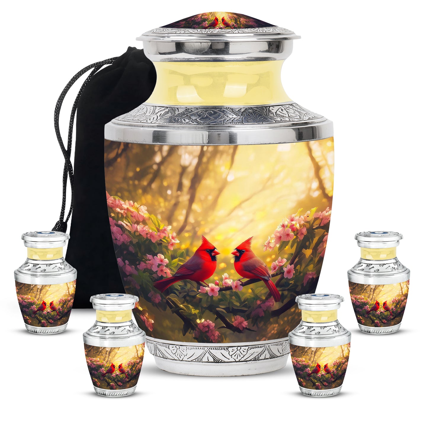 Gilded Gold Cardinal Cremation Urn lifestyle display on memorial shelf - contemporary cardinal design with modern artistic flair - memorial set with one large and four small urns