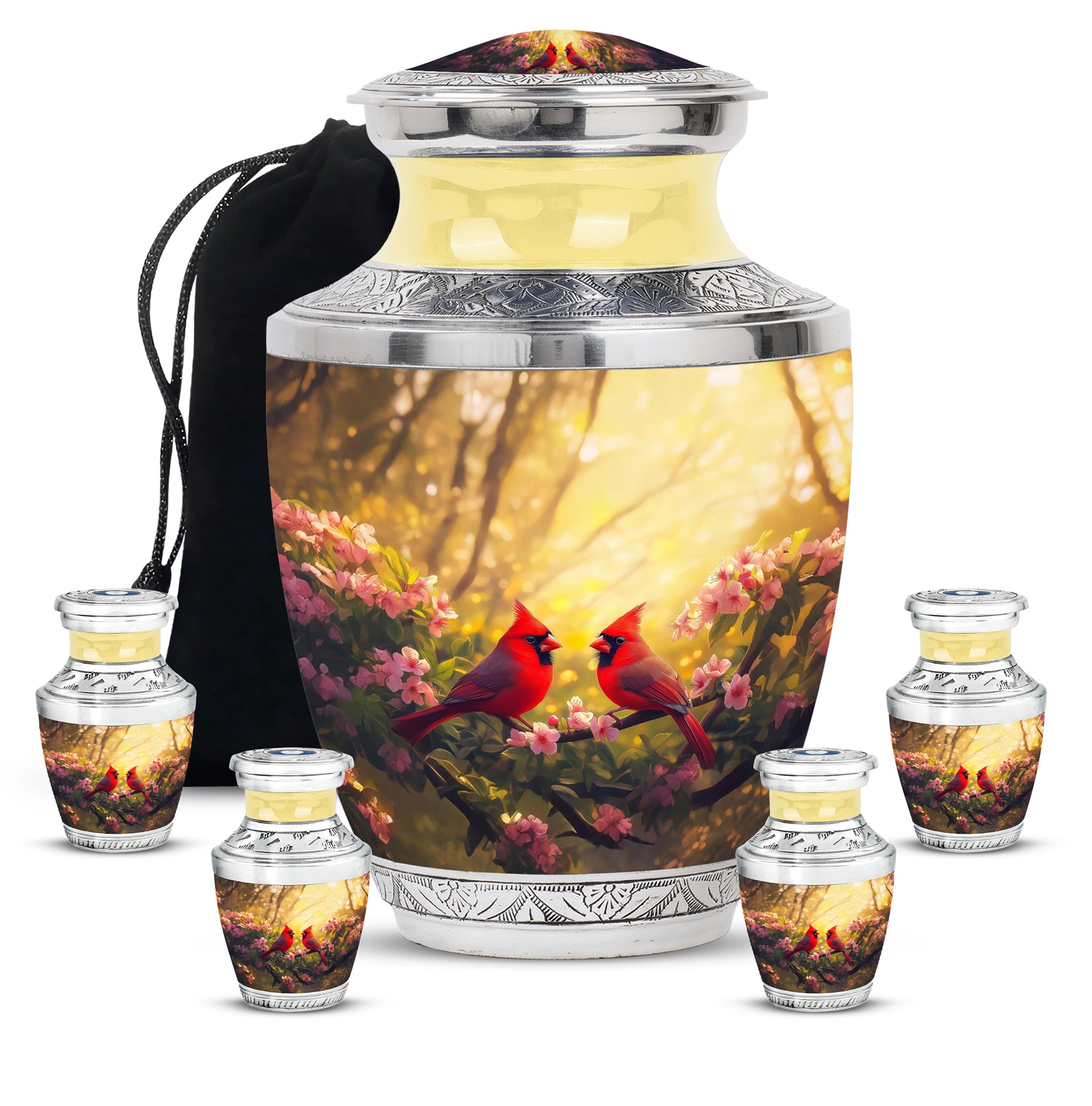 Gilded Gold Cardinal Cremation Urn lifestyle display on memorial shelf - contemporary cardinal design with modern artistic flair - memorial set with one large and four small urns