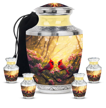 Gilded Gold Cardinal Cremation Urn lifestyle display on memorial shelf - contemporary cardinal design with modern artistic flair - memorial set with one large and four small urns