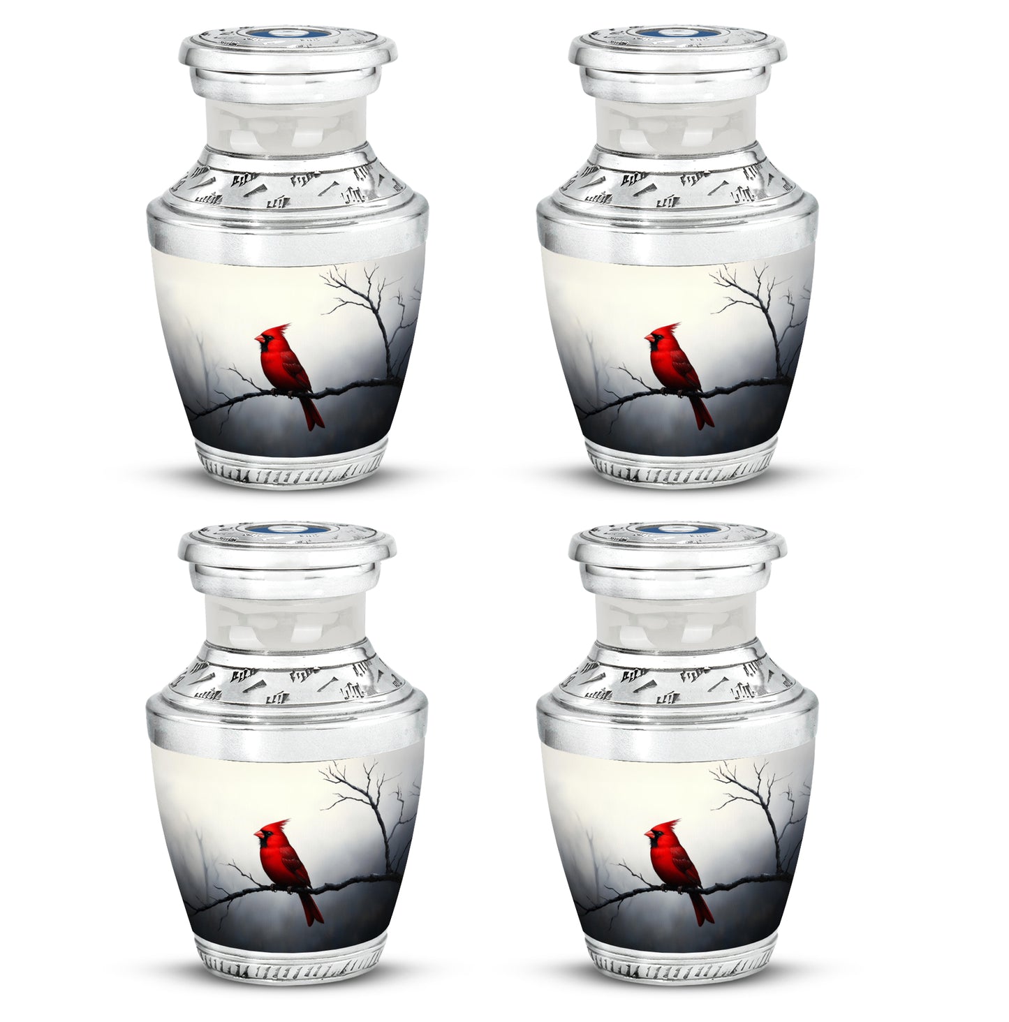 Brushed Silver Cardinal Cremation Urn back view with polished surface - contemporary cardinal design with modern artistic flair - 10 inch aluminum urn for cremated remains