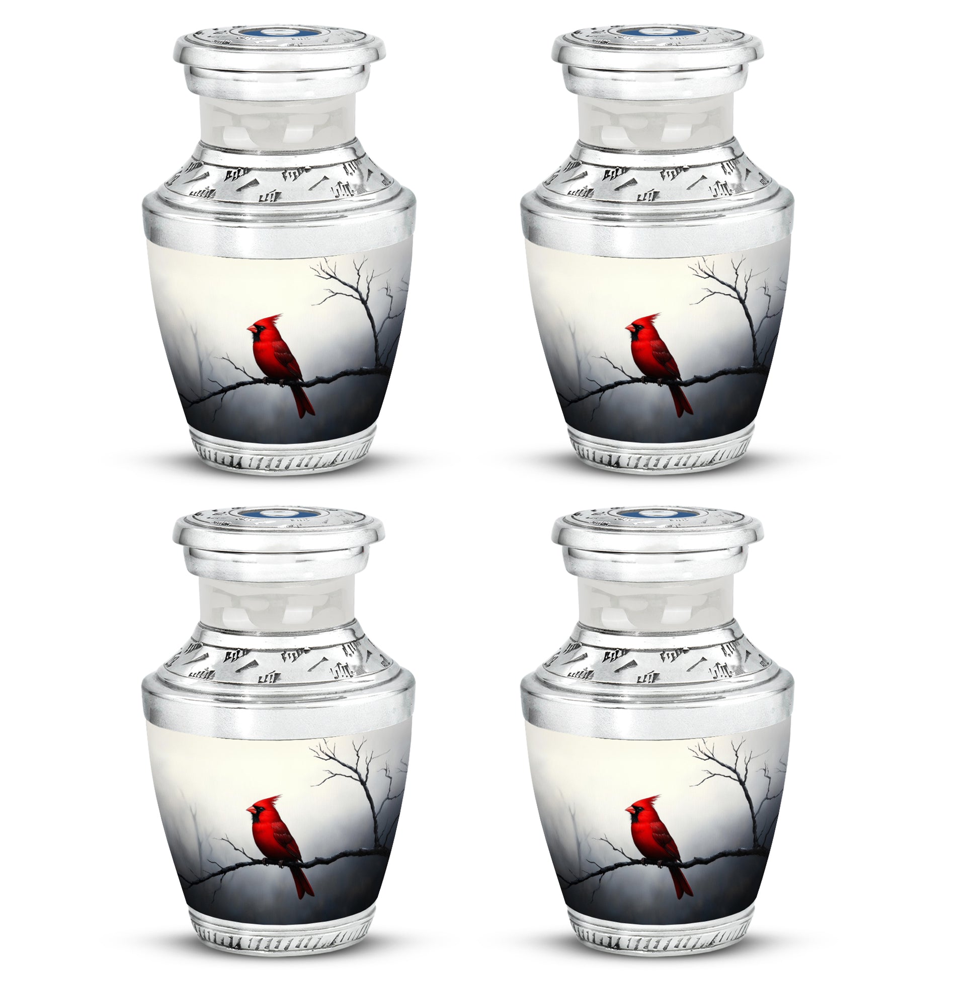 Brushed Silver Cardinal Cremation Urn back view with polished surface - contemporary cardinal design with modern artistic flair - 10 inch aluminum urn for cremated remains