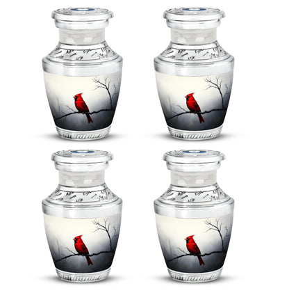 Brushed Silver Cardinal Cremation Urn back view with polished surface - contemporary cardinal design with modern artistic flair - 10 inch aluminum urn for cremated remains