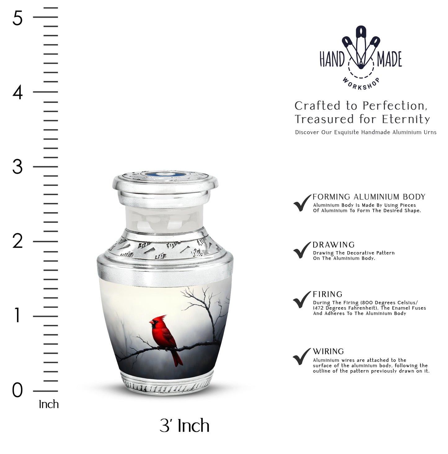 Gleaming Silver Cardinal Cremation Urn top-down view of secure threaded lid - contemporary cardinal design with modern artistic flair - mini keepsake memorial for portion of cremation ashes