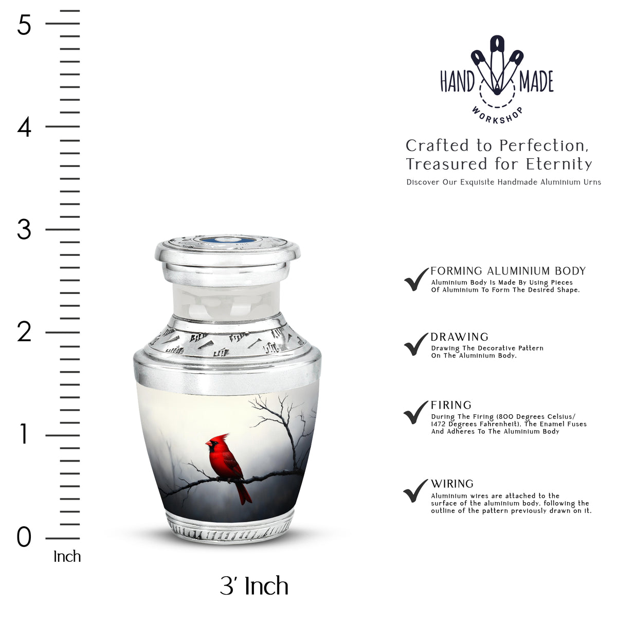 Gleaming Silver Cardinal Cremation Urn top-down view of secure threaded lid - contemporary cardinal design with modern artistic flair - mini keepsake memorial for portion of cremation ashes