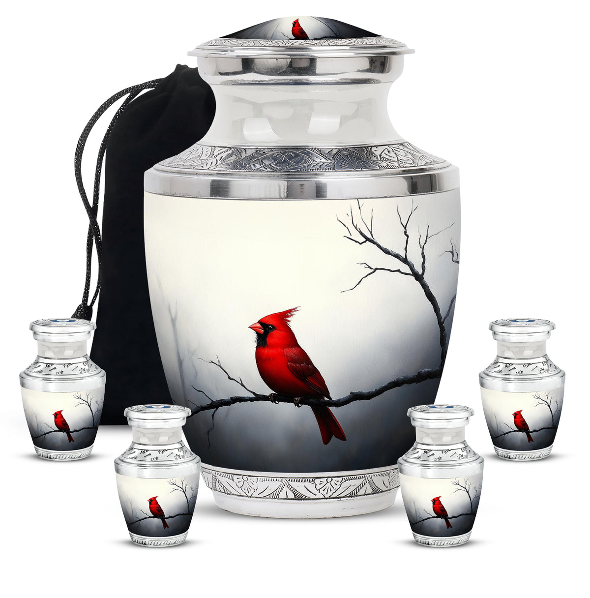 Antique Silver Cardinal Cremation Urn lifestyle display on memorial shelf - stylized abstract cardinal pattern with bold lines - memorial set with one large and four small urns