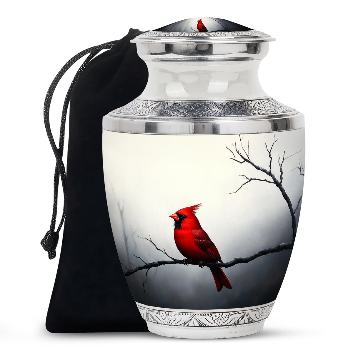 Gleaming Silver Cardinal Cremation Urn side profile showing urn shape - modern art-inspired cardinal motif on sleek aluminum - full-size 10 inch 200 cubic inch adult cremation urn
