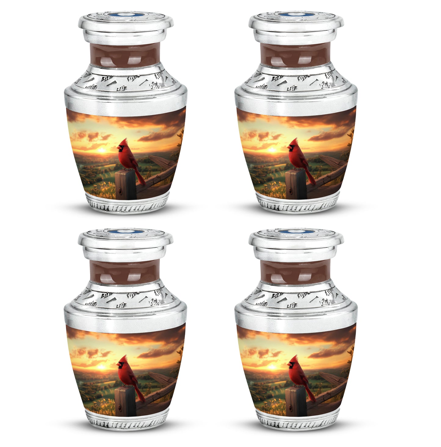Warm Gold Cardinal Cremation Urn back view with polished surface - stylized abstract cardinal pattern with bold lines - 10 inch aluminum urn for cremated remains