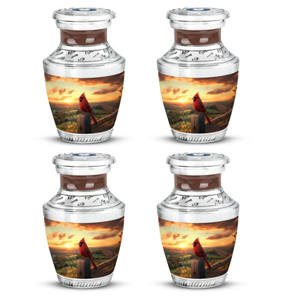 Warm Gold Cardinal Cremation Urn back view with polished surface - stylized abstract cardinal pattern with bold lines - 10 inch aluminum urn for cremated remains