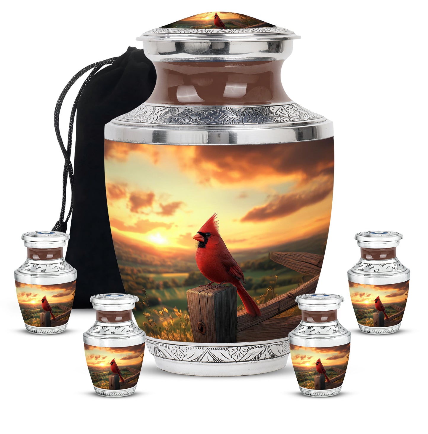 Antique Gold Cardinal Cremation Urn lifestyle display on memorial shelf - contemporary cardinal design with modern artistic flair - memorial set with one large and four small urns