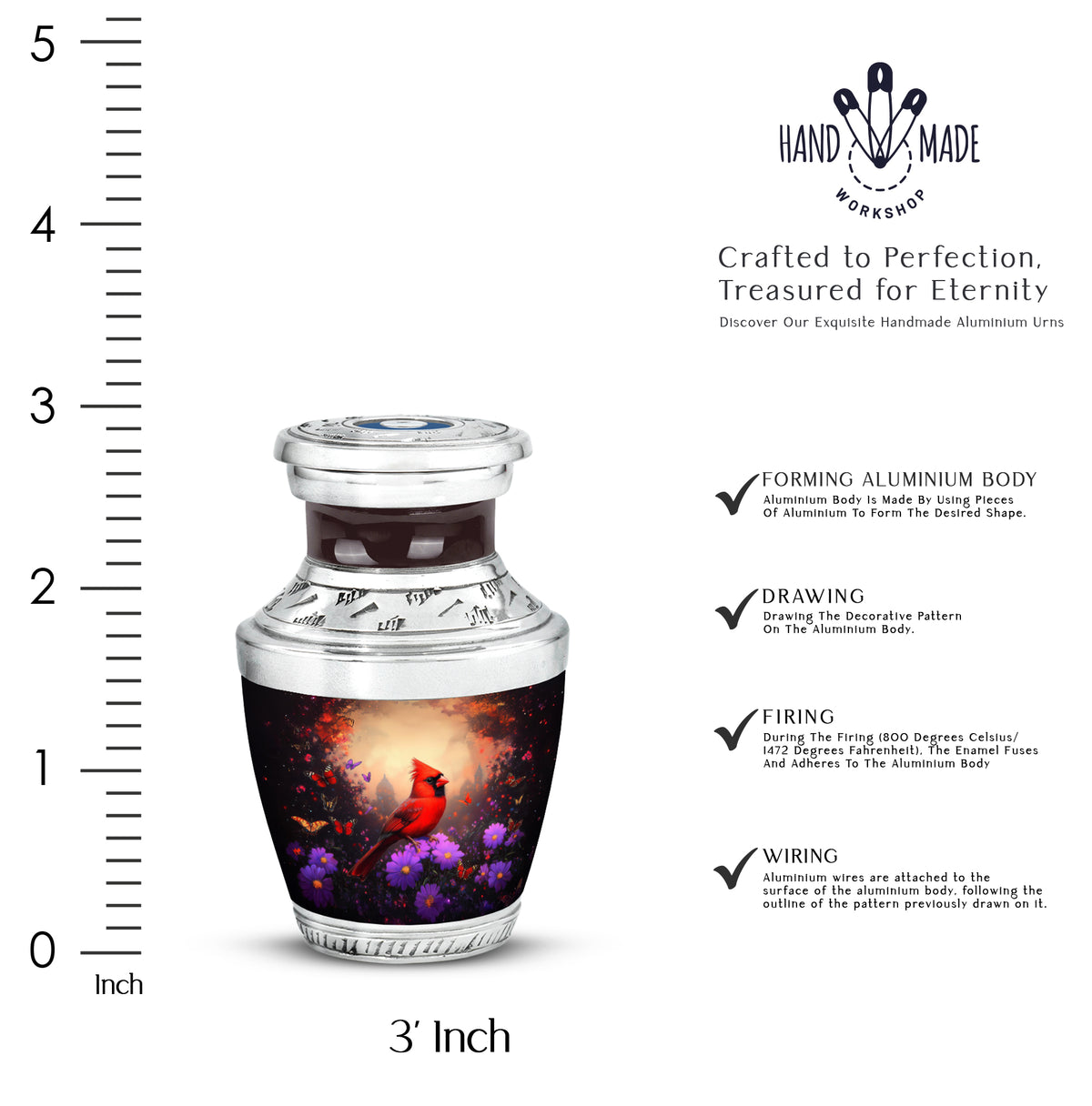 Obsidian Black Cardinal Cremation Urn top-down view of secure threaded lid - artistic cardinal interpretation with creative detail - mini keepsake memorial for portion of cremation ashes