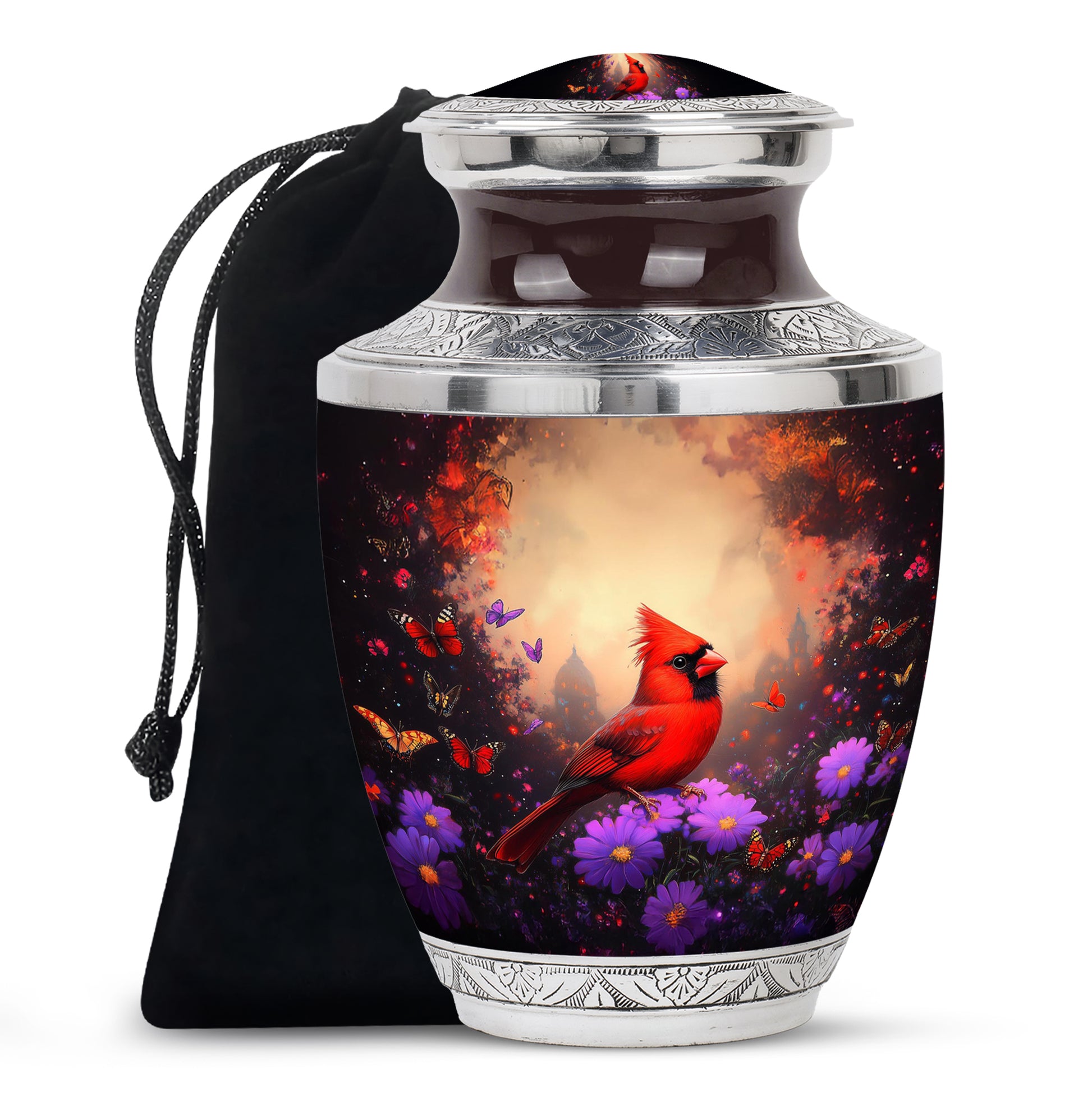 Jet Black Cardinal Cremation Urn side profile showing urn shape - contemporary cardinal design with modern artistic flair - full-size 10 inch 200 cubic inch adult cremation urn