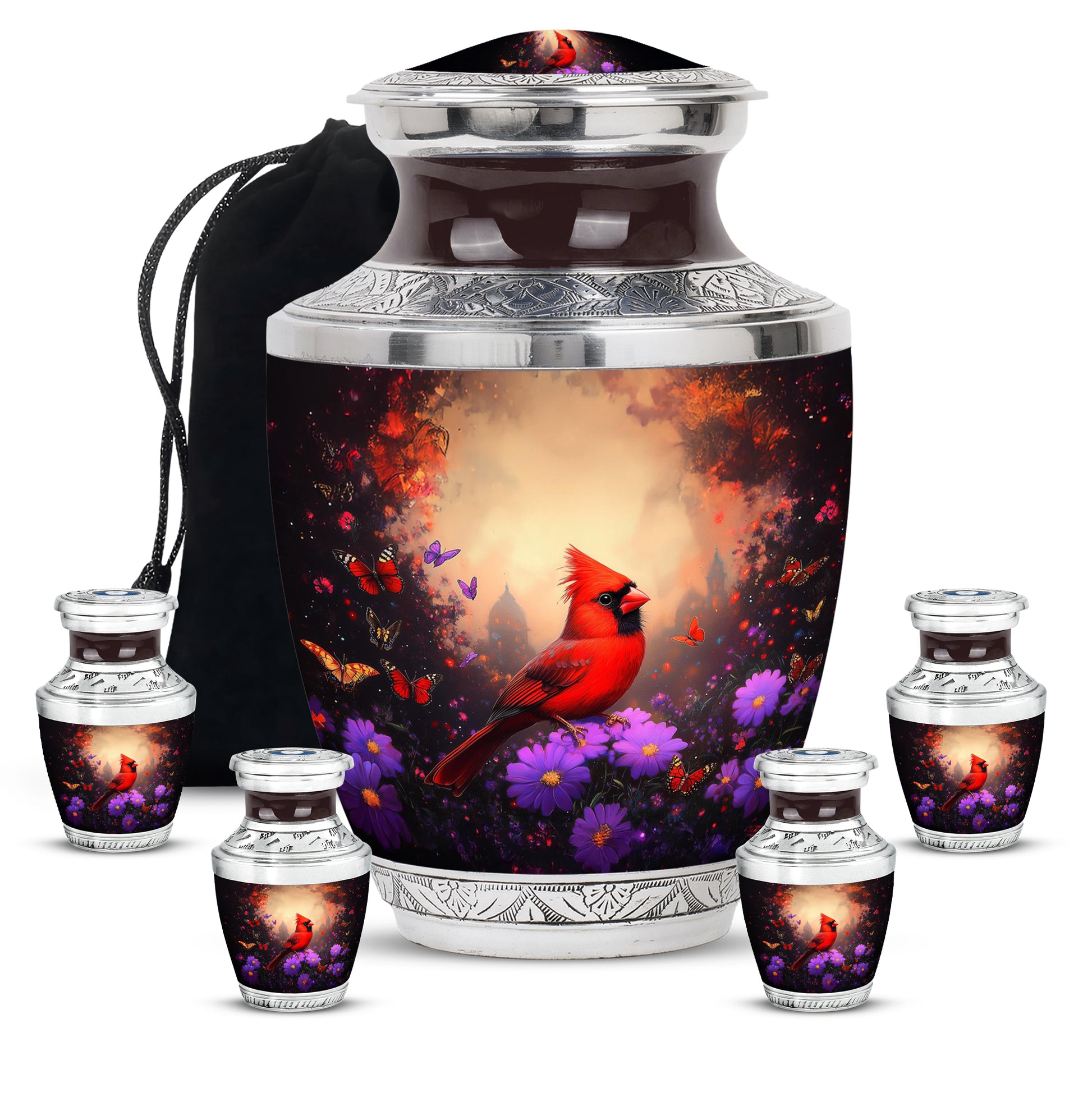 Dark Black Cardinal Cremation Urn lifestyle display on memorial shelf - artistic cardinal interpretation with creative detail - memorial set with one large and four small urns