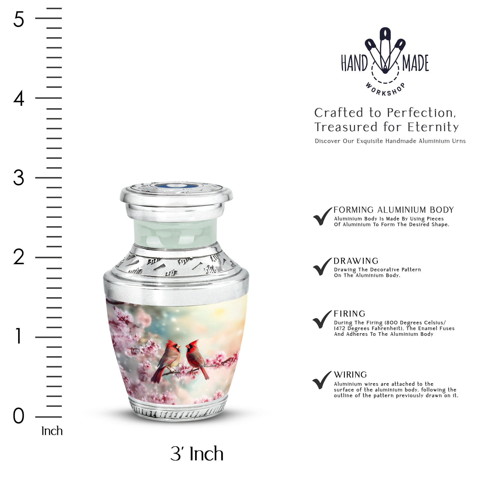 Deep Teal Cardinal Cremation Urn top-down view of secure threaded lid - artistic cardinal interpretation with creative detail - mini keepsake memorial for portion of cremation ashes