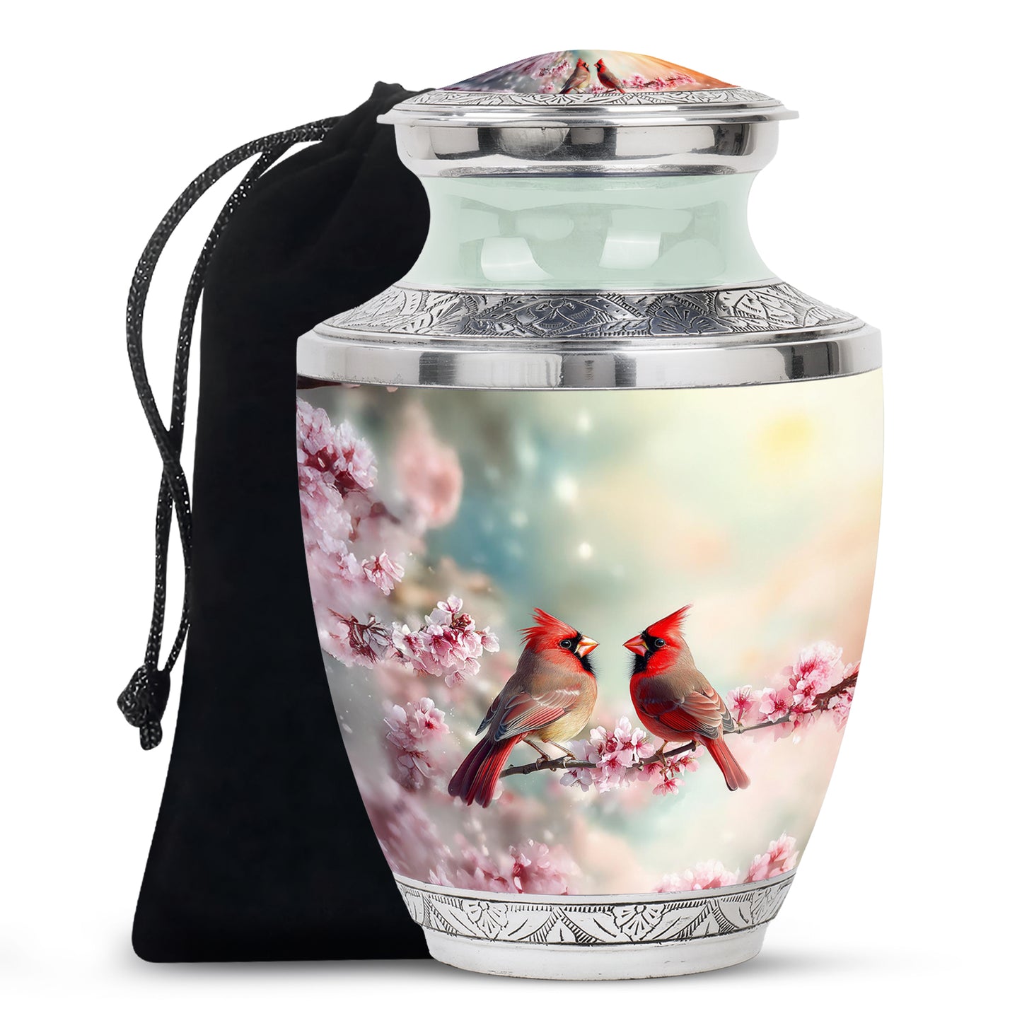 Deep Teal Cardinal Cremation Urn side profile showing urn shape - artistic cardinal interpretation with creative detail - full-size 10 inch 200 cubic inch adult cremation urn