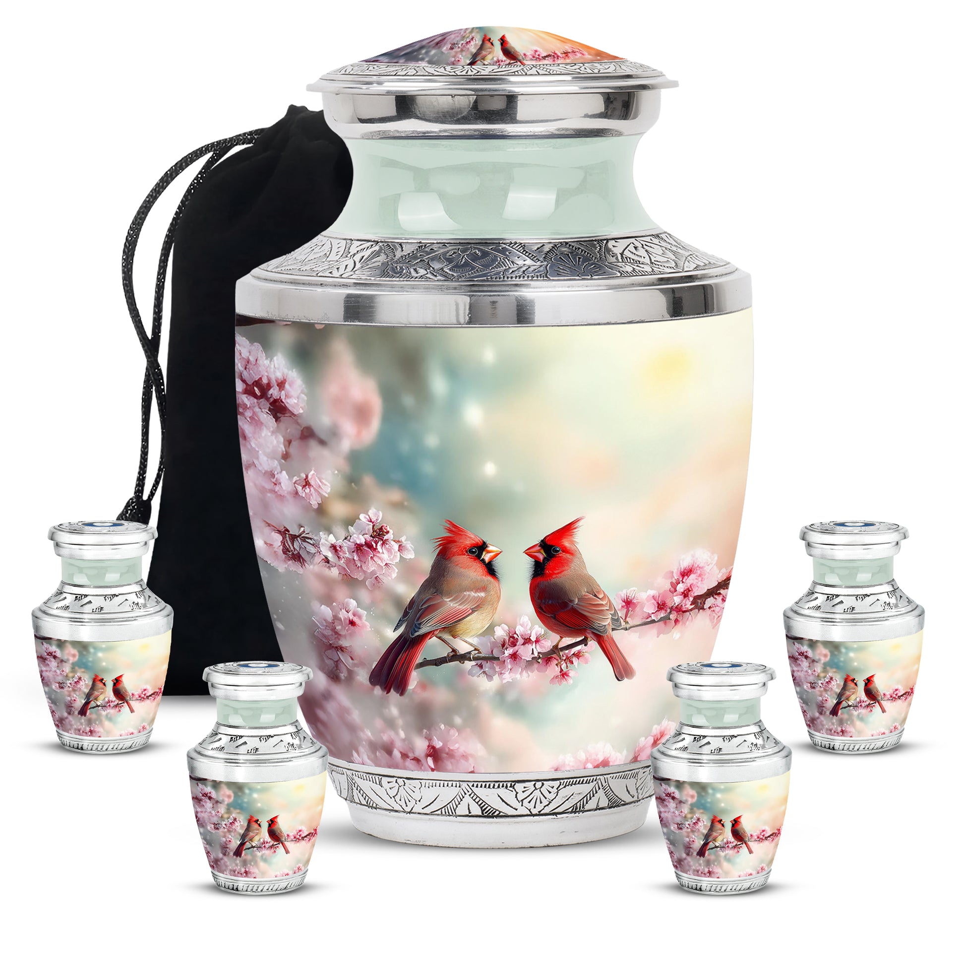 Mystic Teal Cardinal Cremation Urn lifestyle display on memorial shelf - artistic cardinal interpretation with creative detail - memorial set with one large and four small urns