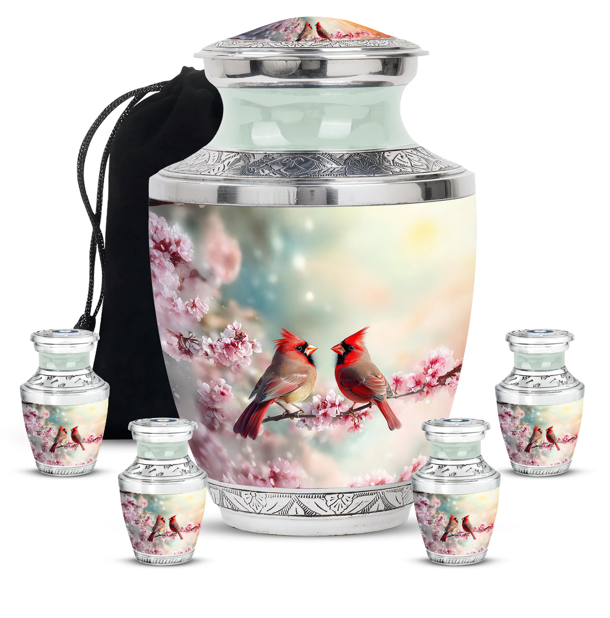 Mystic Teal Cardinal Cremation Urn lifestyle display on memorial shelf - artistic cardinal interpretation with creative detail - memorial set with one large and four small urns