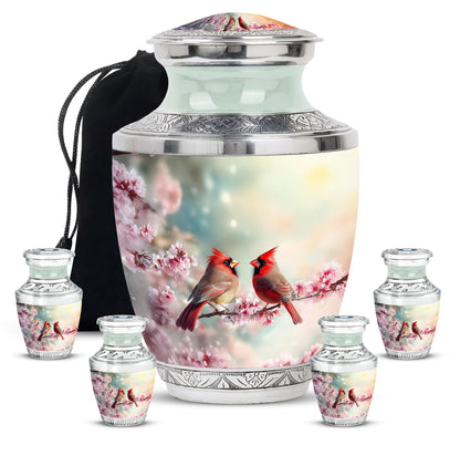 Mystic Teal Cardinal Cremation Urn lifestyle display on memorial shelf - artistic cardinal interpretation with creative detail - memorial set with one large and four small urns