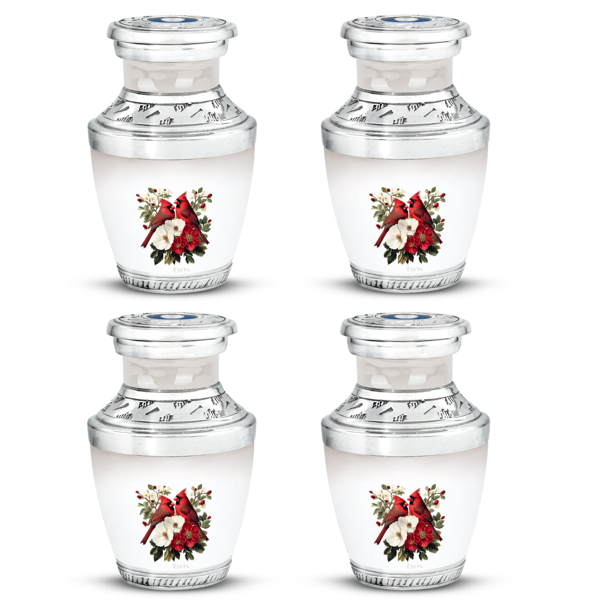 Chrome Silver Cardinal Cremation Urn back view with polished surface - stylized abstract cardinal pattern with bold lines - 10 inch aluminum urn for cremated remains