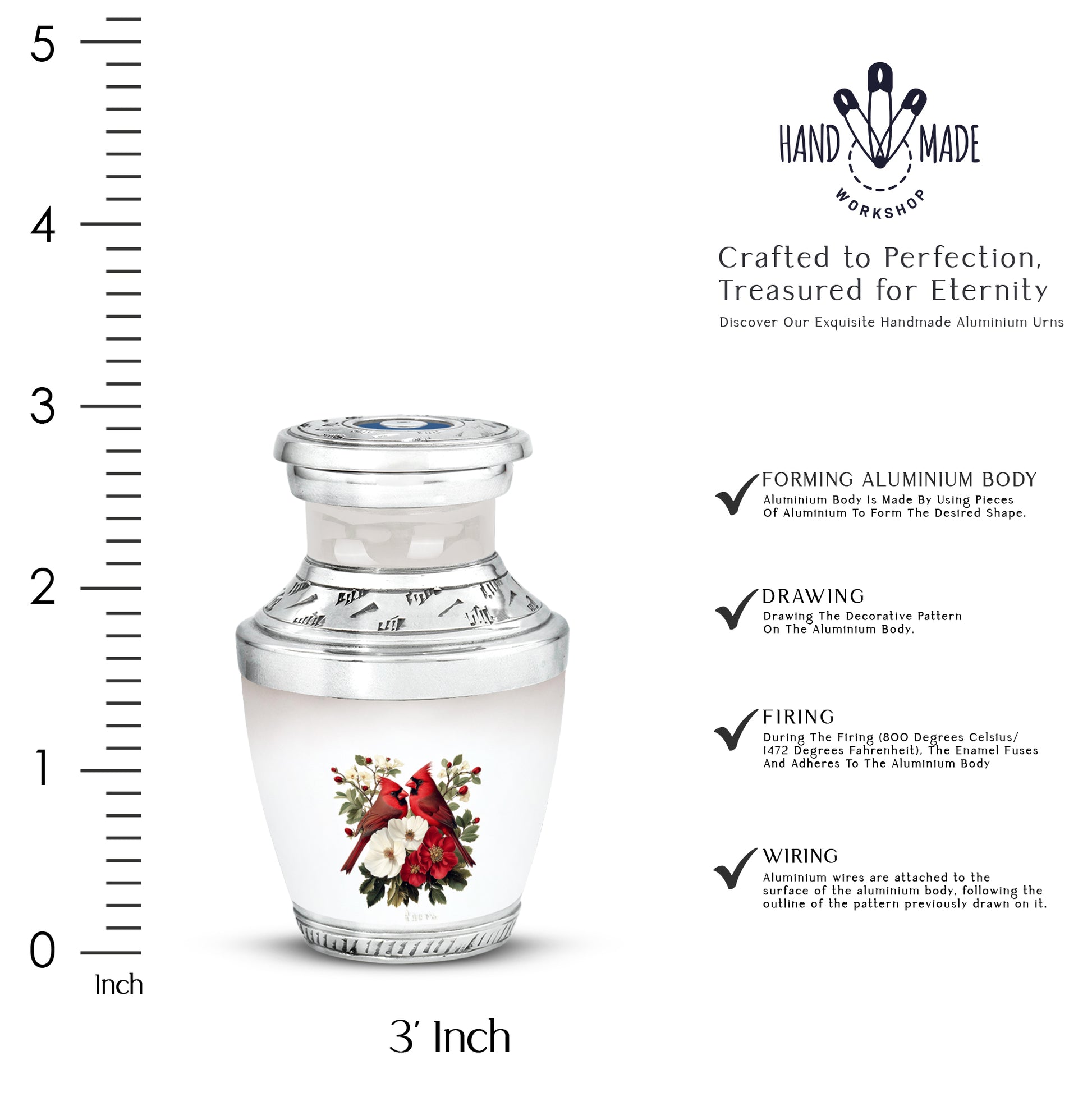 Chrome Silver Cardinal Cremation Urn top-down view of secure threaded lid - stylized abstract cardinal pattern with bold lines - mini keepsake memorial for portion of cremation ashes