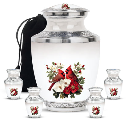 Polished Silver Cardinal Cremation Urn lifestyle display on memorial shelf - artistic cardinal interpretation with creative detail - memorial set with one large and four small urns