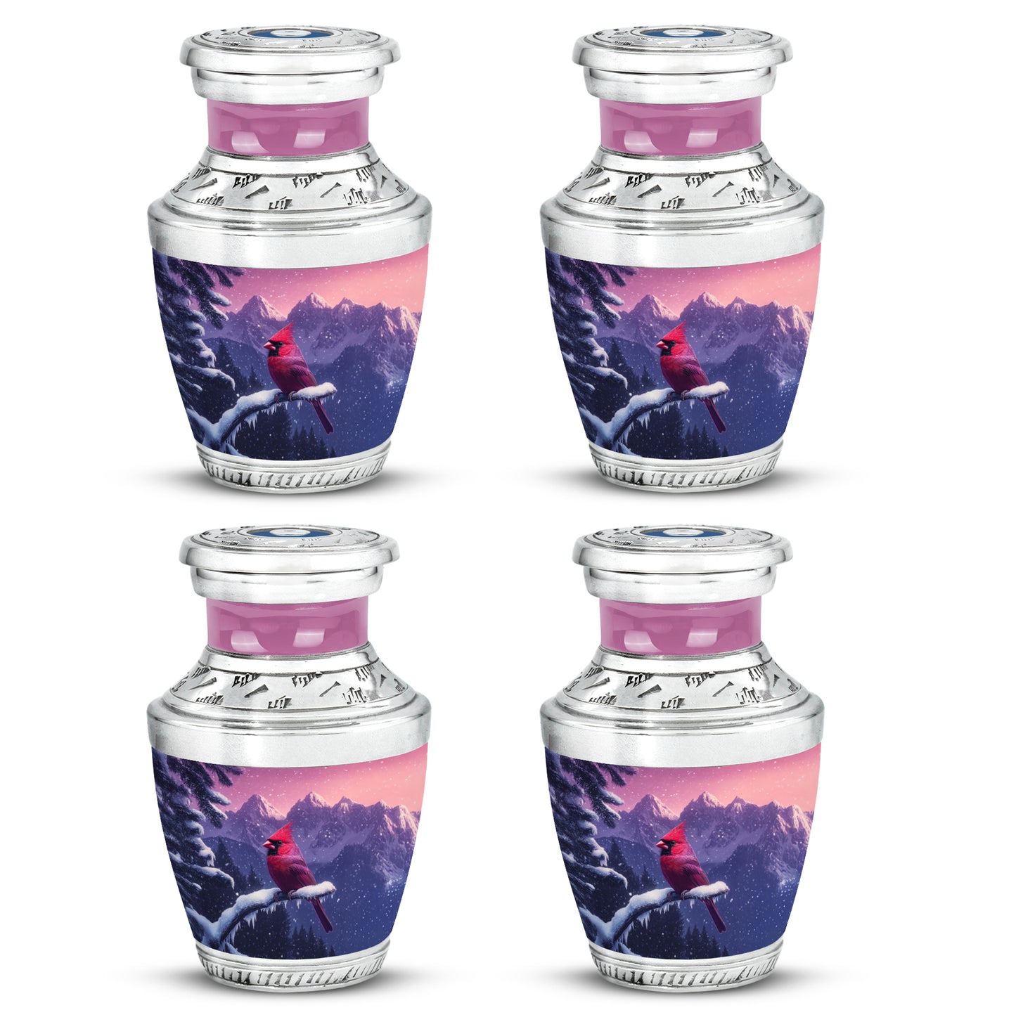 Blush Pink Cardinal Cremation Urn back view with polished surface - modern art-inspired cardinal motif on sleek aluminum - 10 inch aluminum urn for cremated remains
