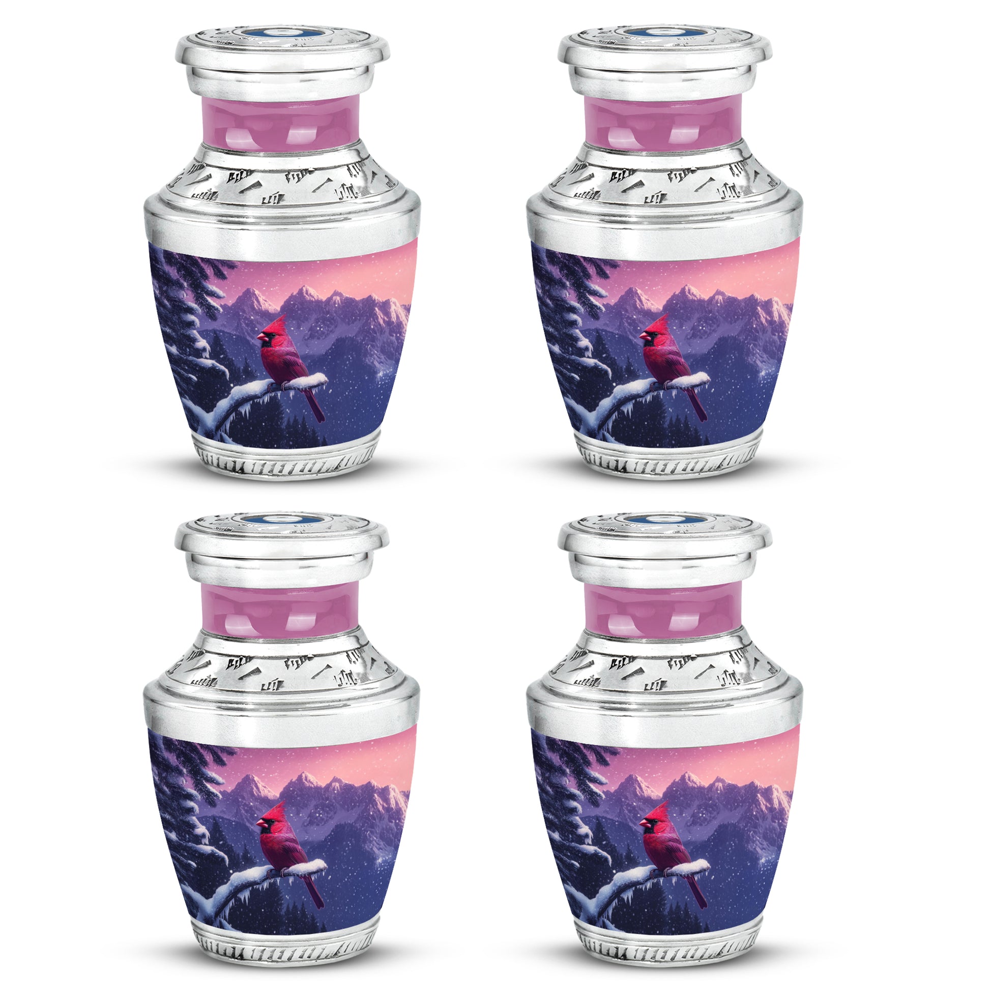 Blush Pink Cardinal Cremation Urn back view with polished surface - modern art-inspired cardinal motif on sleek aluminum - 10 inch aluminum urn for cremated remains