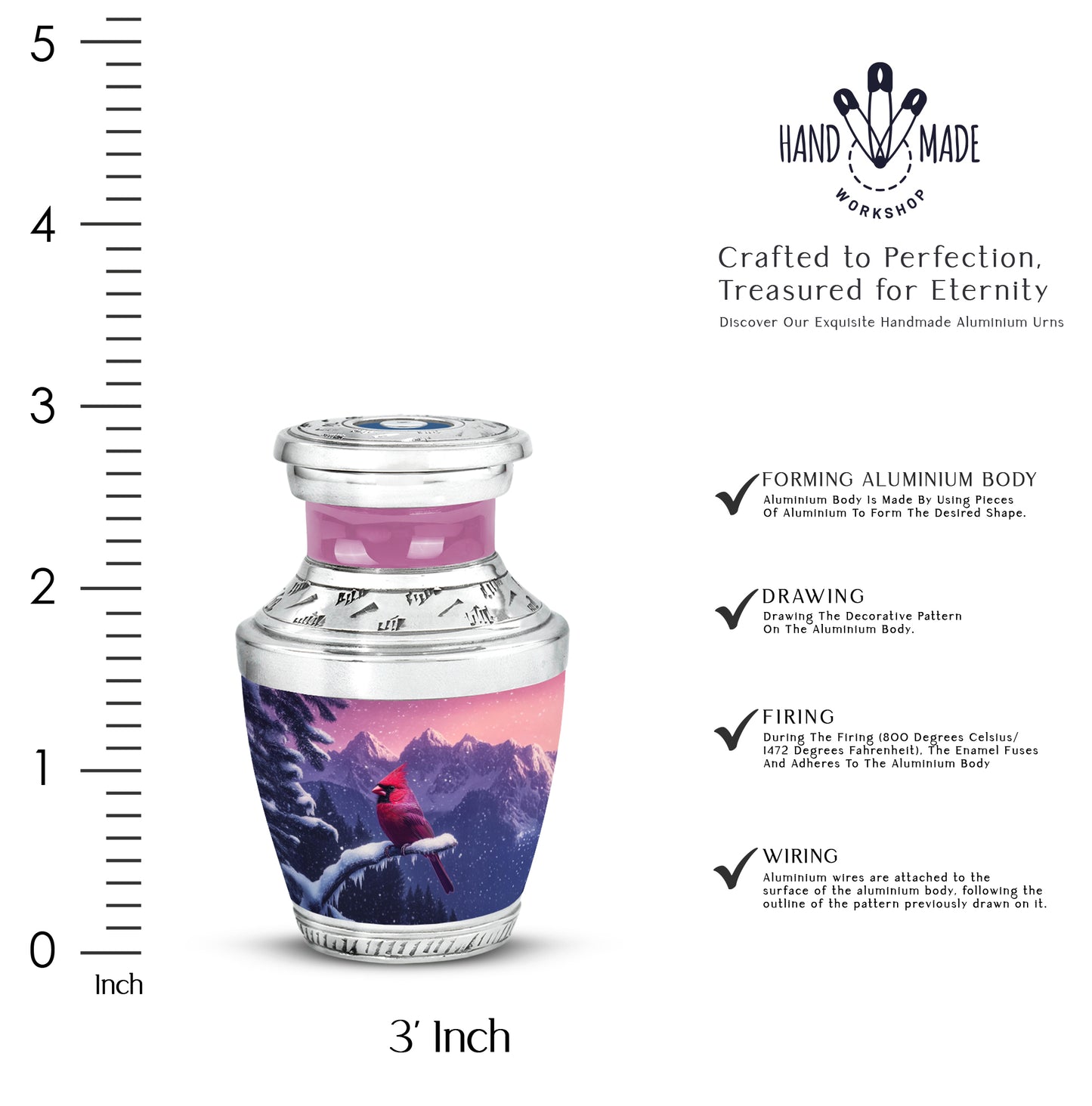 Dusty Pink Cardinal Cremation Urn top-down view of secure threaded lid - stylized abstract cardinal pattern with bold lines - mini keepsake memorial for portion of cremation ashes