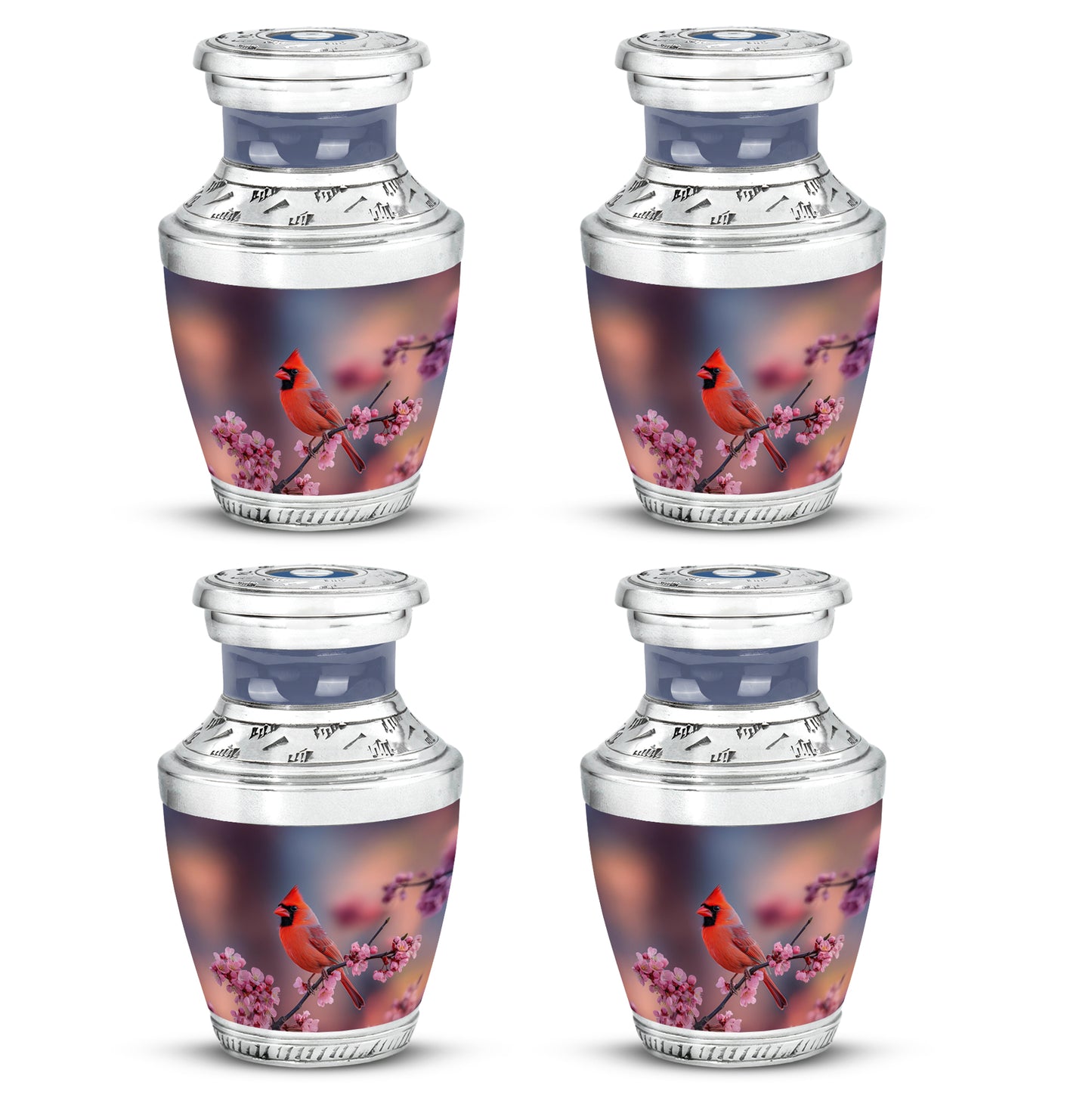 Pastel Pink Cardinal Cremation Urn back view with polished surface - contemporary cardinal design with modern artistic flair - 10 inch aluminum urn for cremated remains