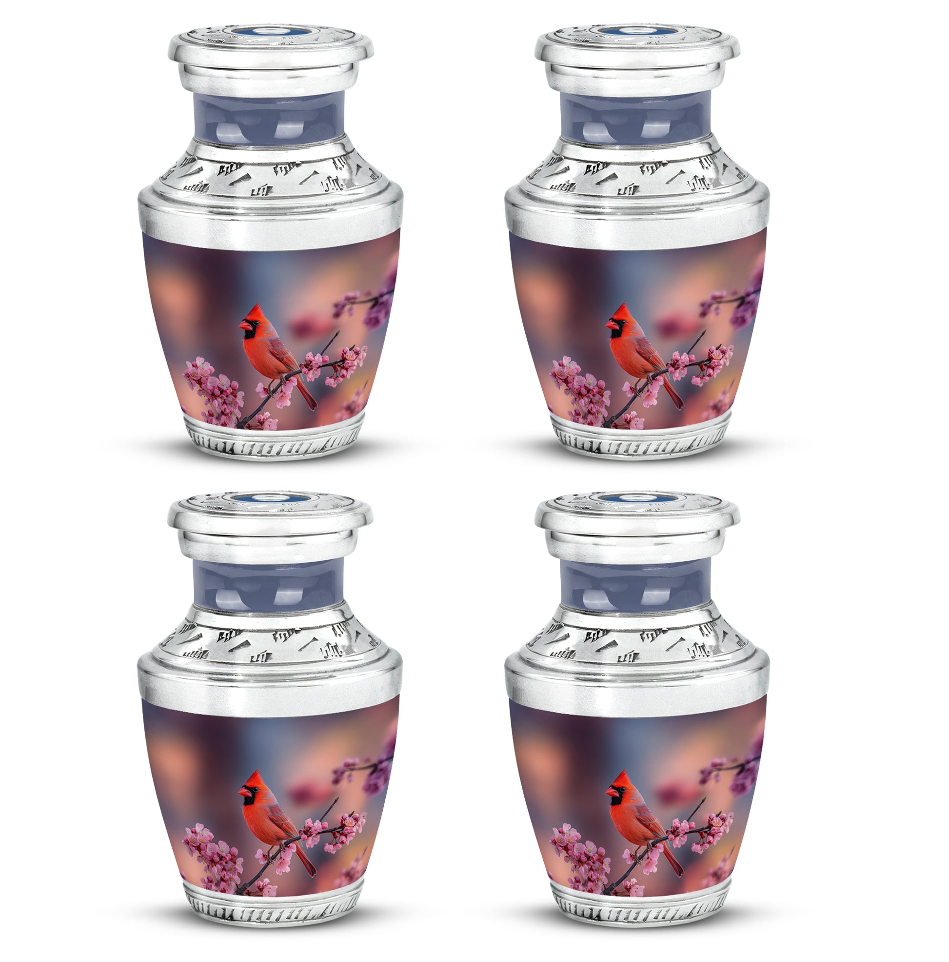 Pastel Pink Cardinal Cremation Urn back view with polished surface - contemporary cardinal design with modern artistic flair - 10 inch aluminum urn for cremated remains