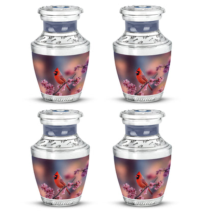 Pastel Pink Cardinal Cremation Urn back view with polished surface - contemporary cardinal design with modern artistic flair - 10 inch aluminum urn for cremated remains