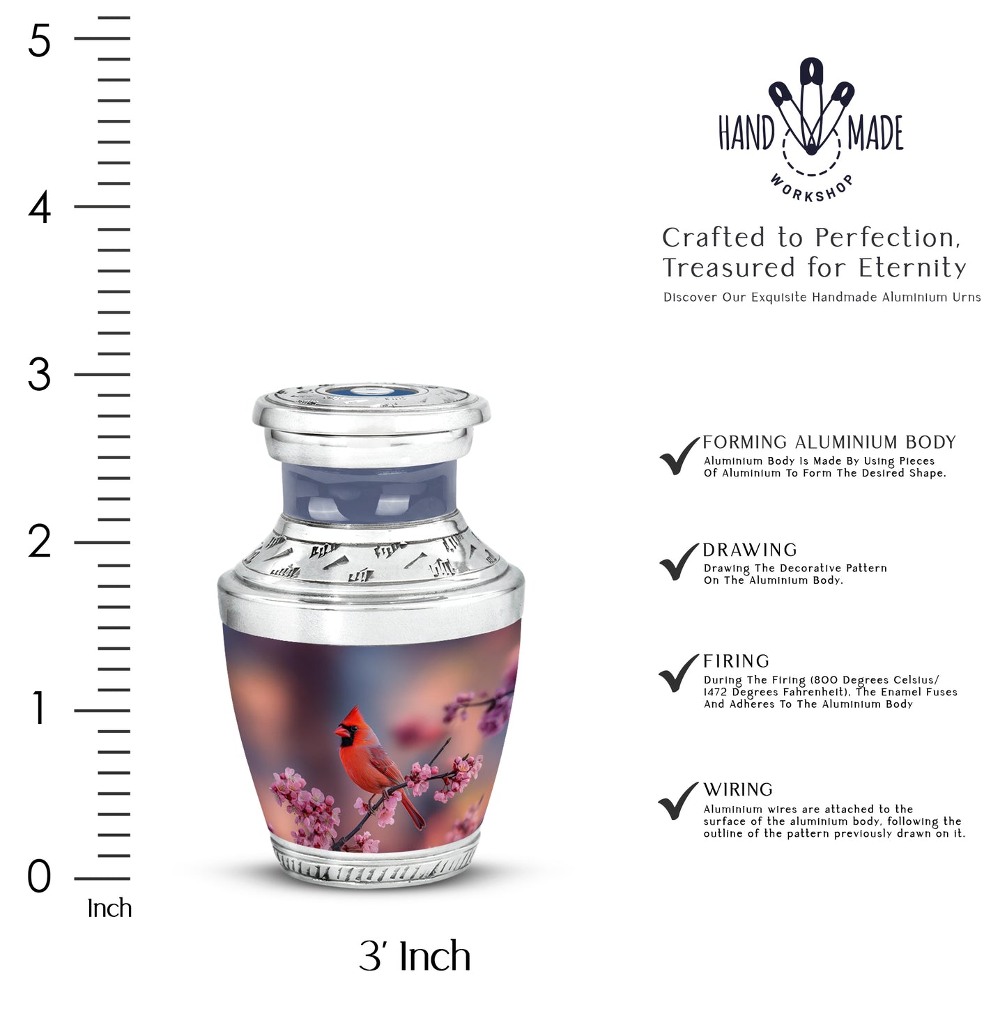 Salmon Pink Cardinal Cremation Urn top-down view of secure threaded lid - artistic cardinal interpretation with creative detail - mini keepsake memorial for portion of cremation ashes