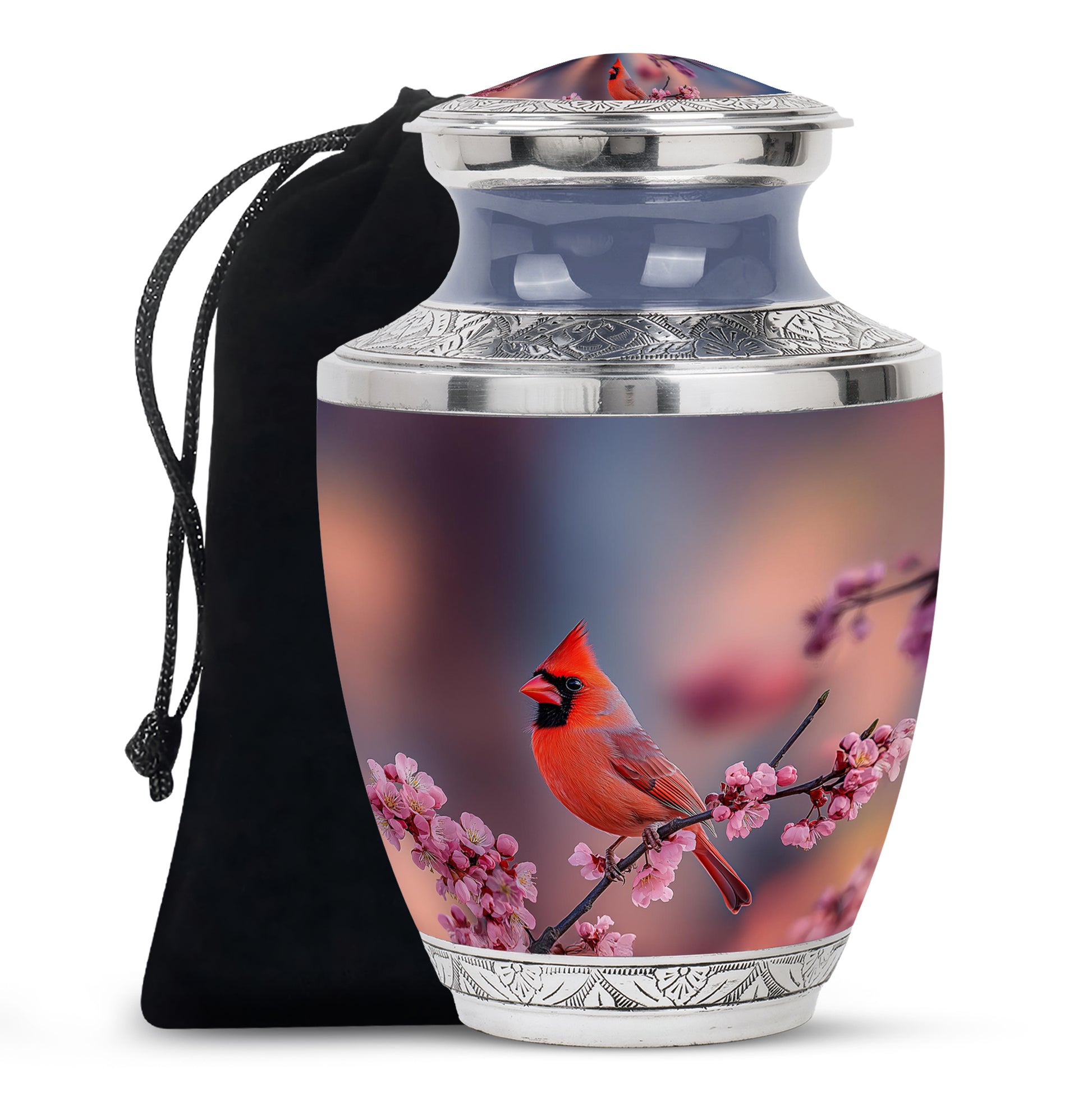 Coral Pink Cardinal Cremation Urn side profile showing urn shape - contemporary cardinal design with modern artistic flair - full-size 10 inch 200 cubic inch adult cremation urn