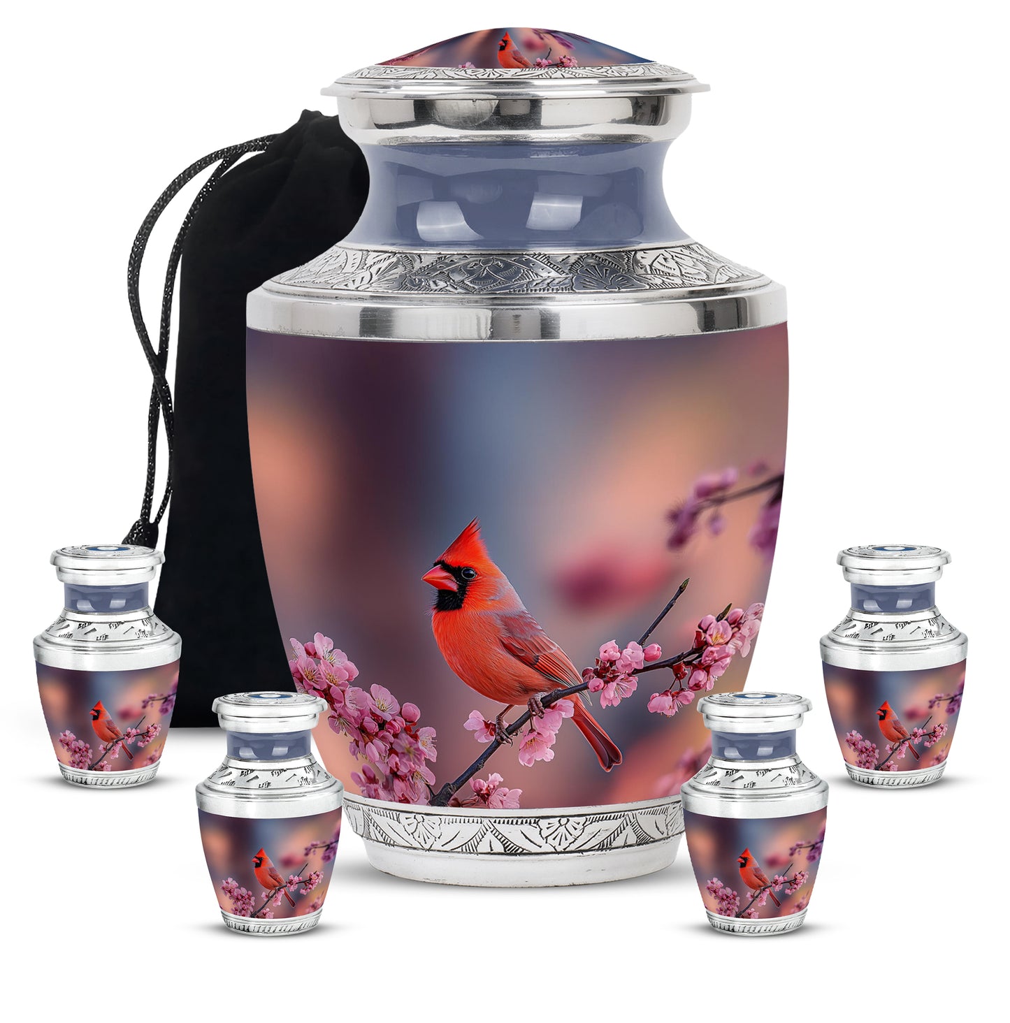 Salmon Pink Cardinal Cremation Urn lifestyle display on memorial shelf - artistic cardinal interpretation with creative detail - memorial set with one large and four small urns